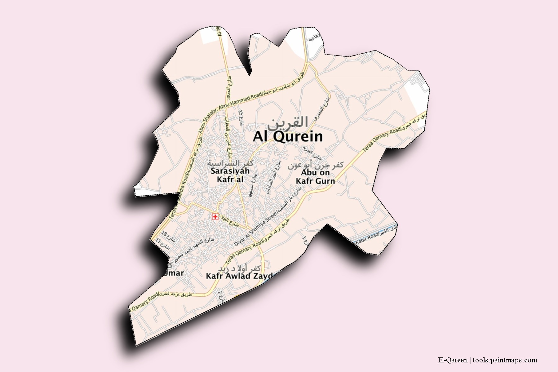 Mapa de barrios y pueblos de El-Qareen con efecto de sombra 3D