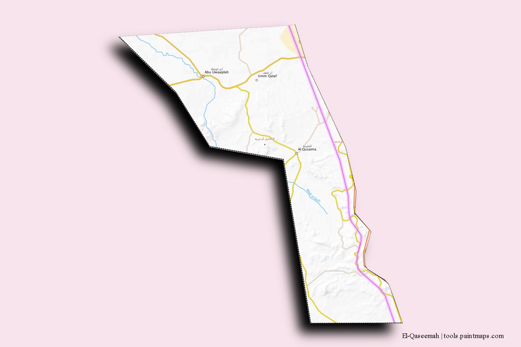 Mapa de barrios y pueblos de El-Qaseemah con efecto de sombra 3D