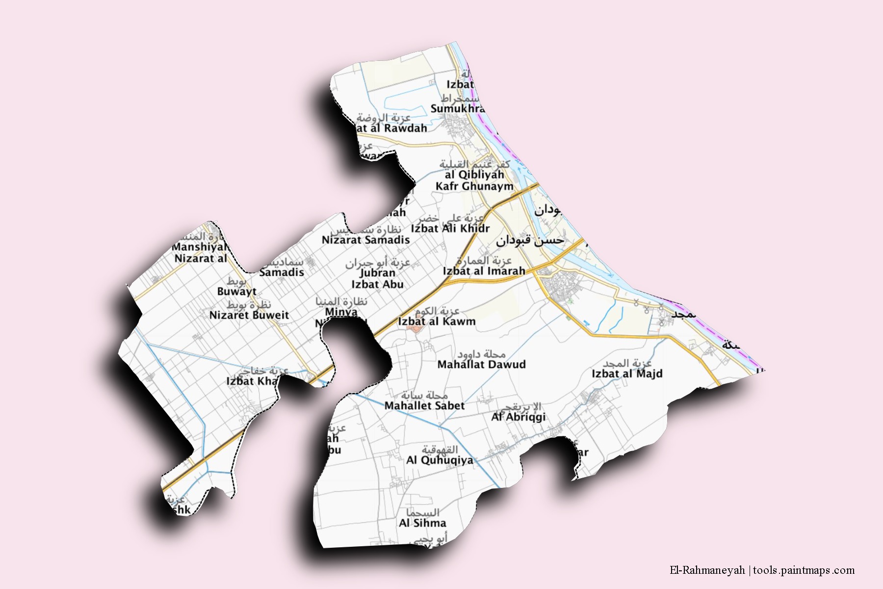 3D gölge efektli El-Rahmaneyah mahalleleri ve köyleri haritası