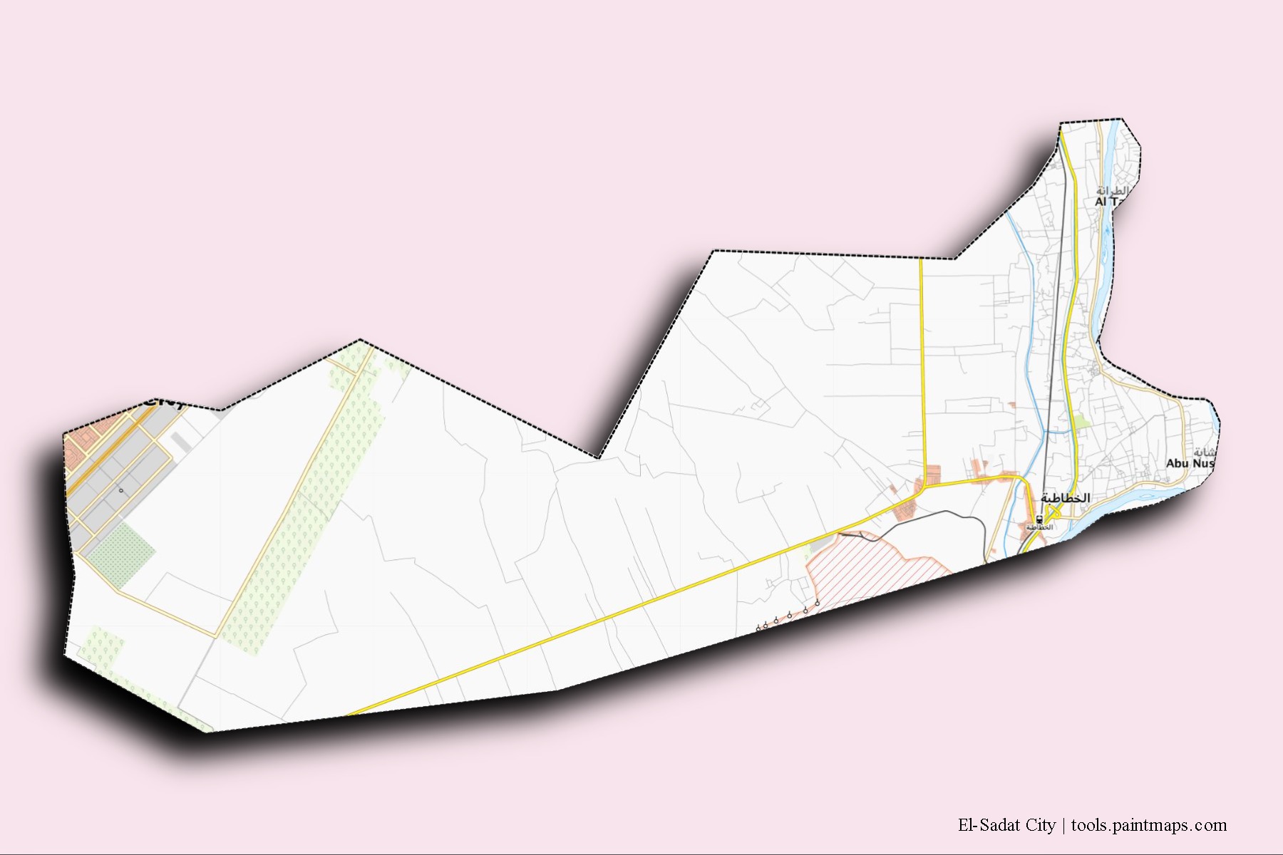 El-Sadat City neighborhoods and villages map with 3D shadow effect