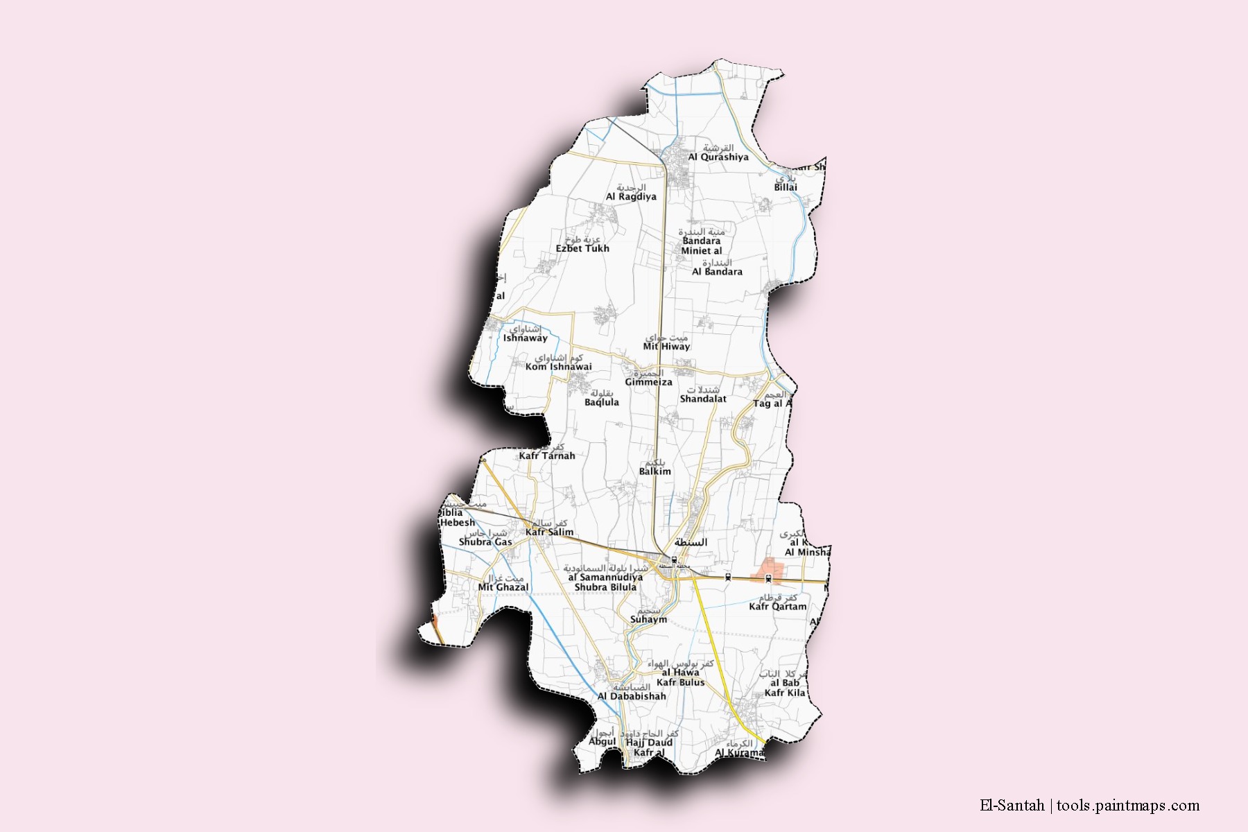 Mapa de barrios y pueblos de El-Santah con efecto de sombra 3D