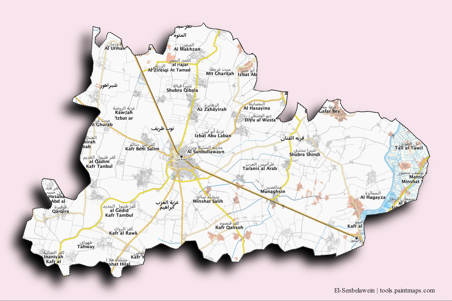 Mapa de barrios y pueblos de El-Senbelawein con efecto de sombra 3D