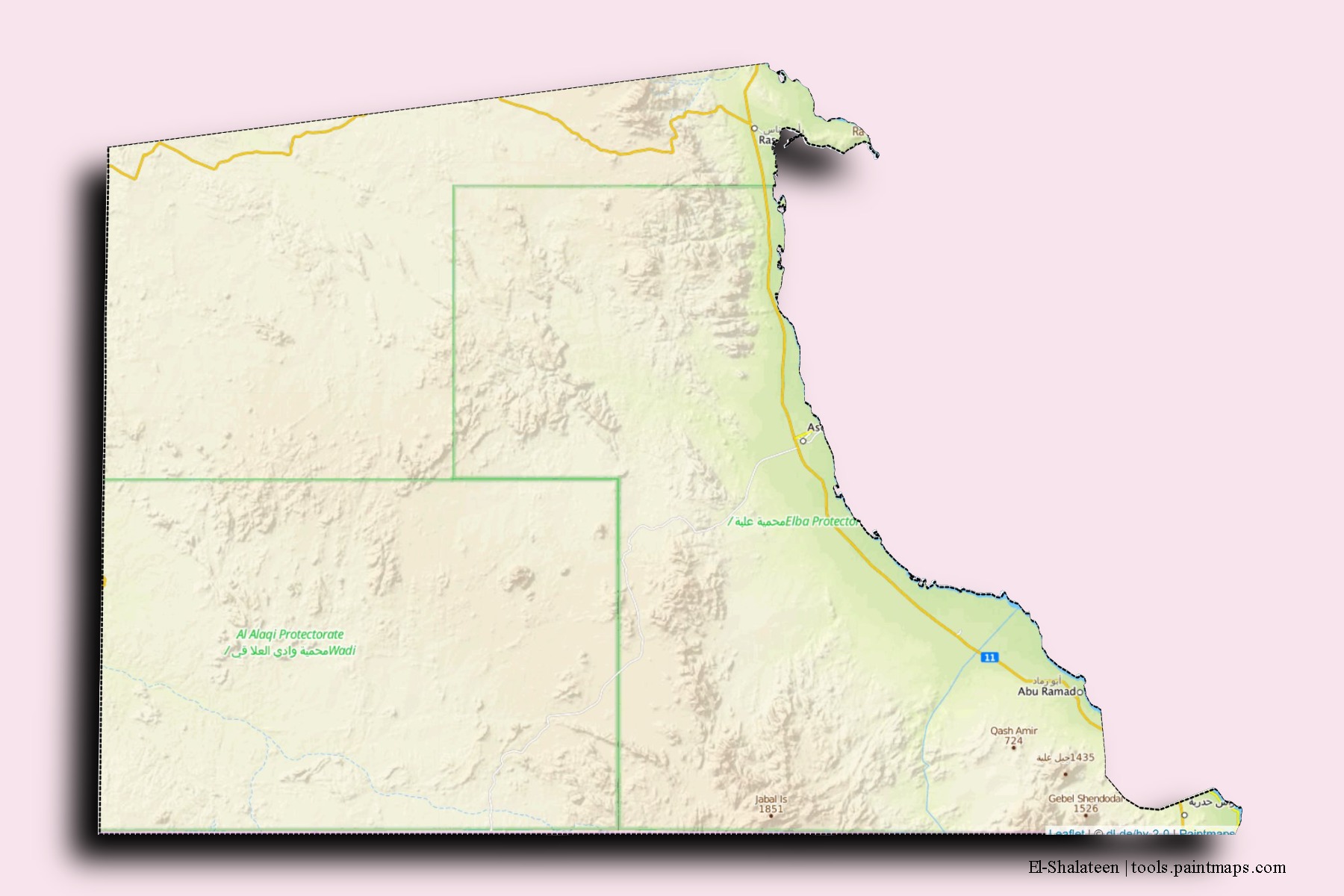 El-Shalateen neighborhoods and villages map with 3D shadow effect