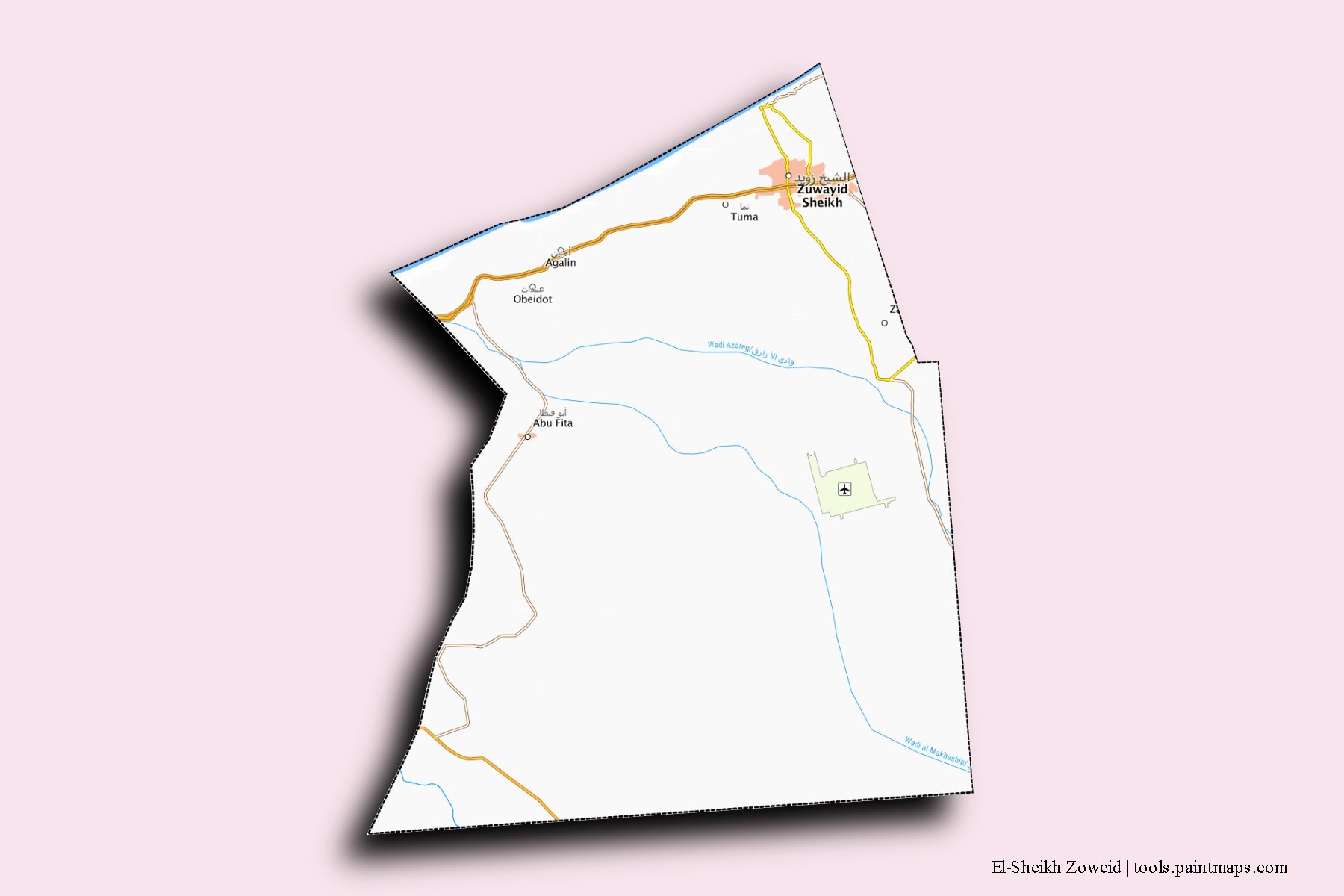 Mapa de barrios y pueblos de El-Sheikh Zoweid con efecto de sombra 3D