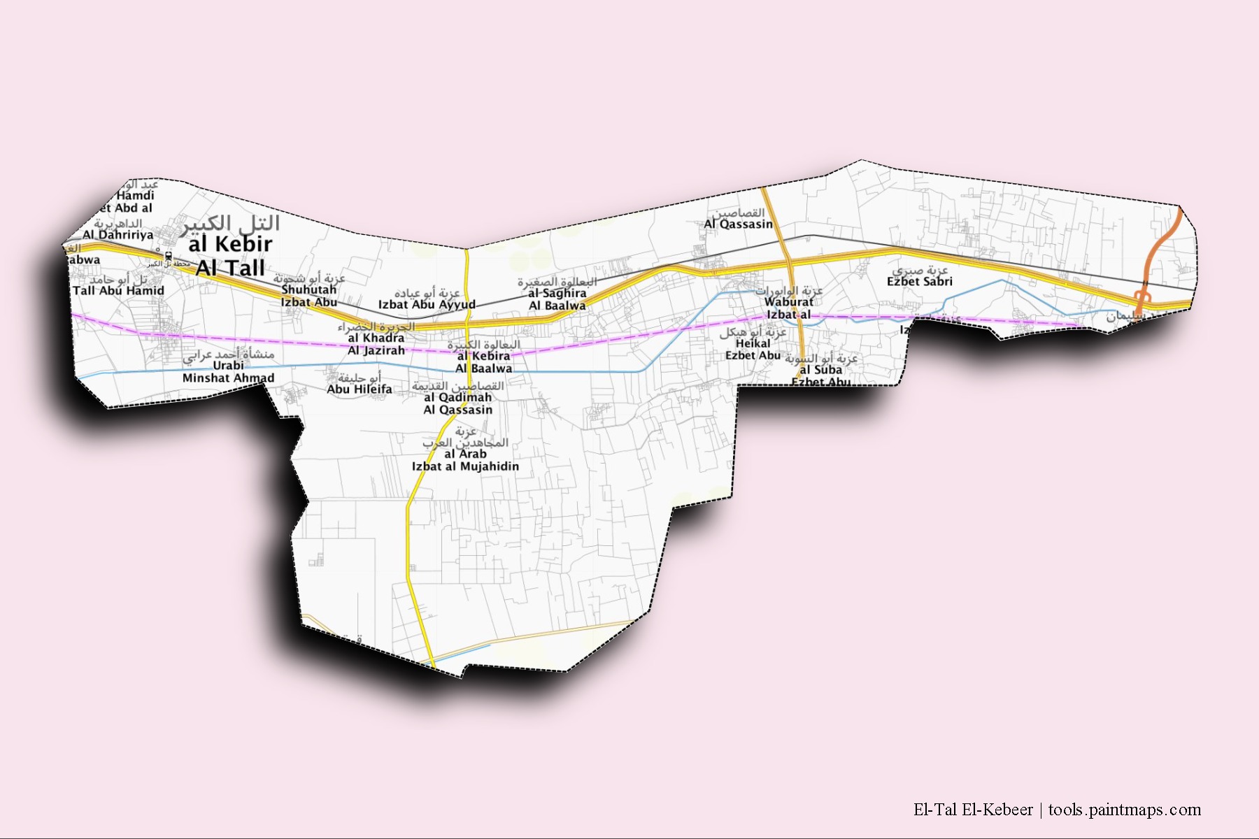 Mapa de barrios y pueblos de El-Tal El-Kebeer con efecto de sombra 3D