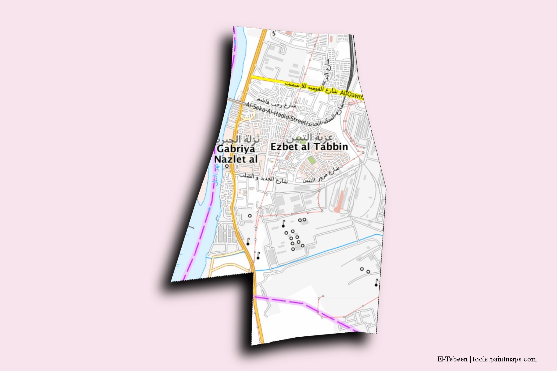 Mapa de barrios y pueblos de El-Tebeen con efecto de sombra 3D