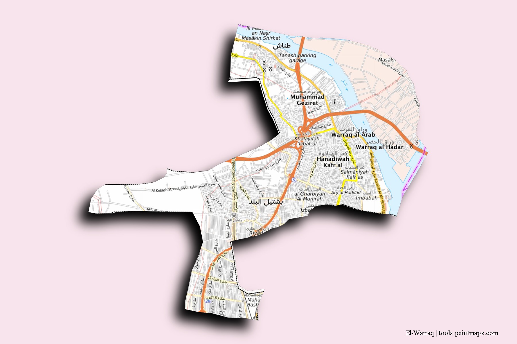 Mapa de barrios y pueblos de El-Warraq con efecto de sombra 3D