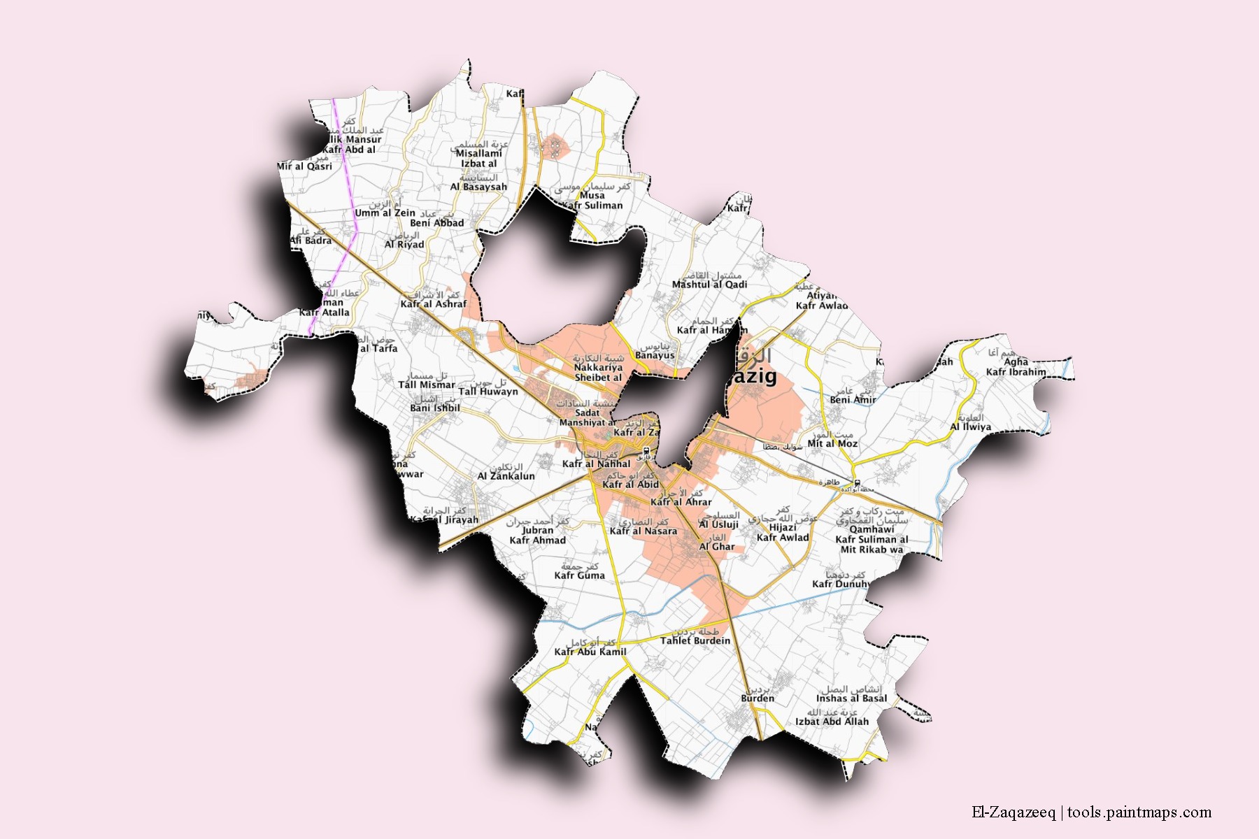 Mapa de barrios y pueblos de El-Zaqazeeq con efecto de sombra 3D