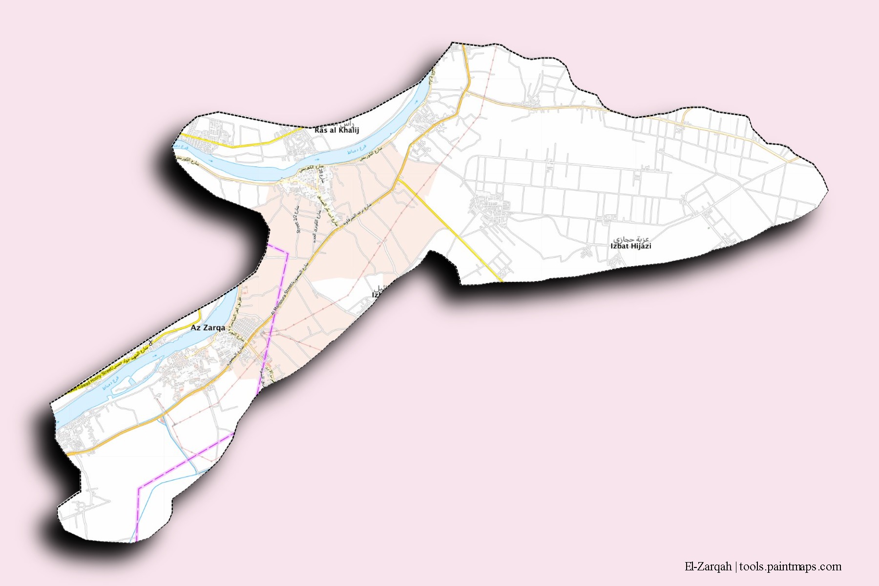 Mapa de barrios y pueblos de El-Zarqah con efecto de sombra 3D