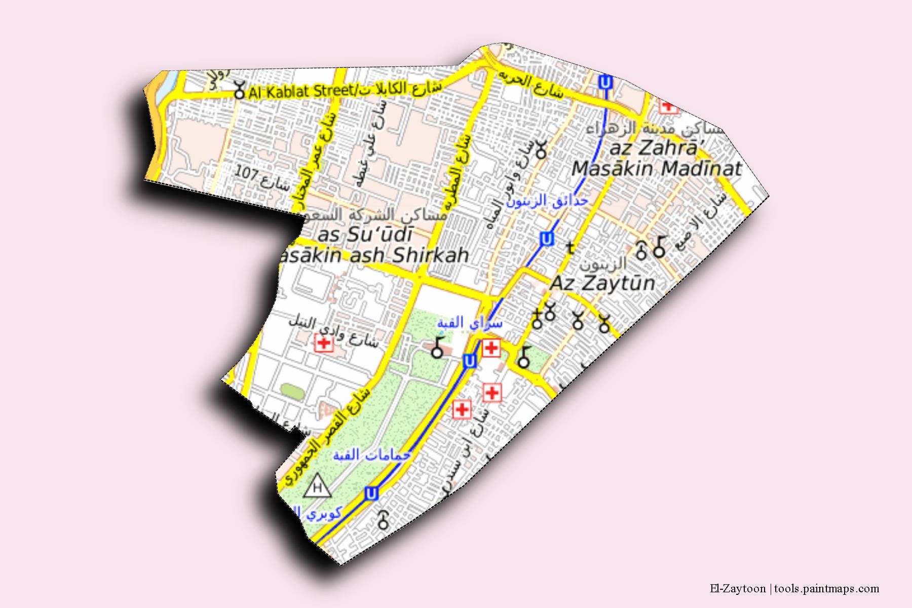 El-Zaytoon neighborhoods and villages map with 3D shadow effect