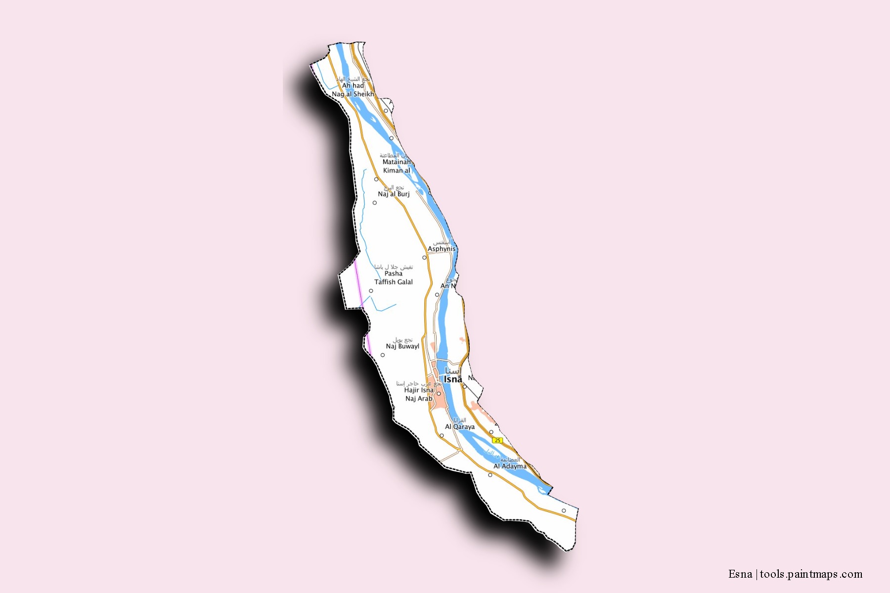 Mapa de barrios y pueblos de Esna con efecto de sombra 3D