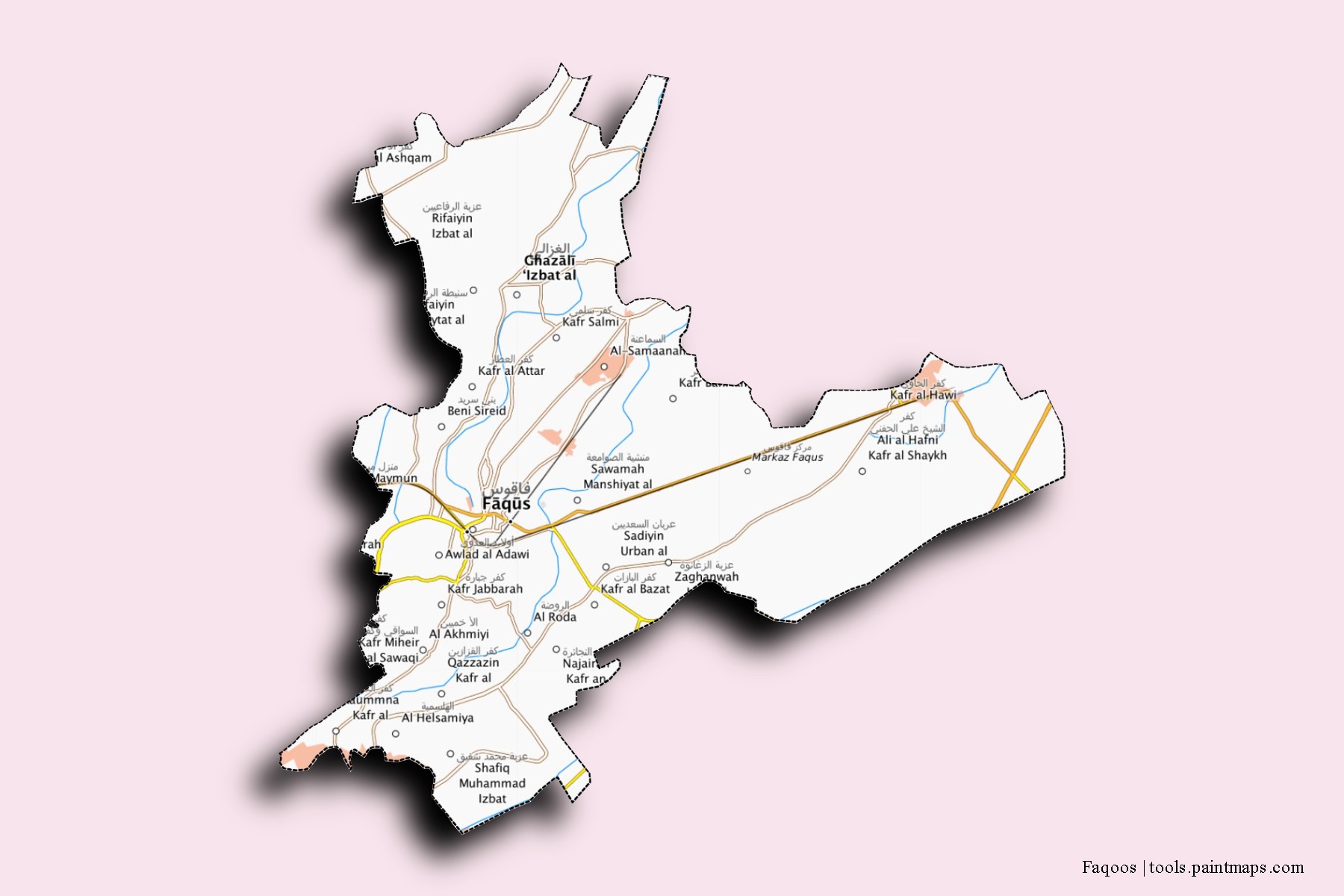3D gölge efektli Faqoos mahalleleri ve köyleri haritası