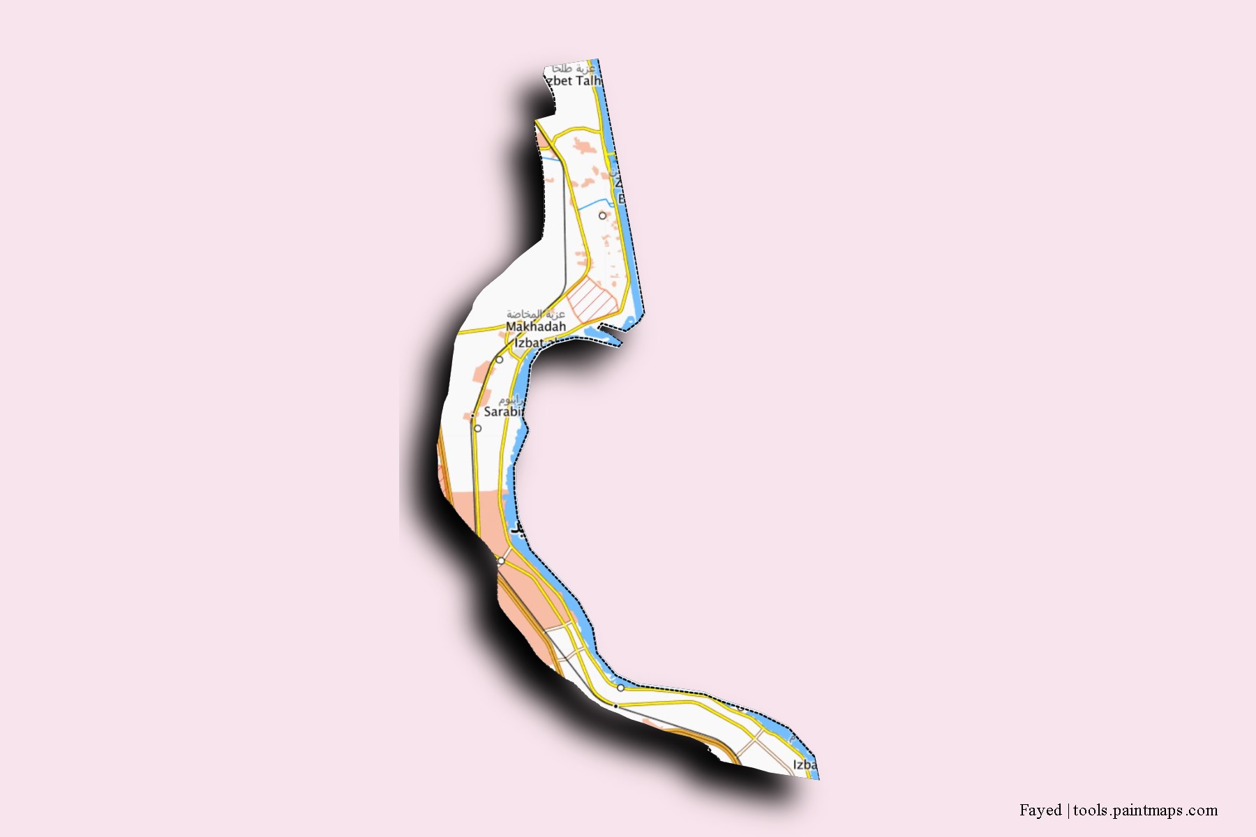 Mapa de barrios y pueblos de Fayed con efecto de sombra 3D