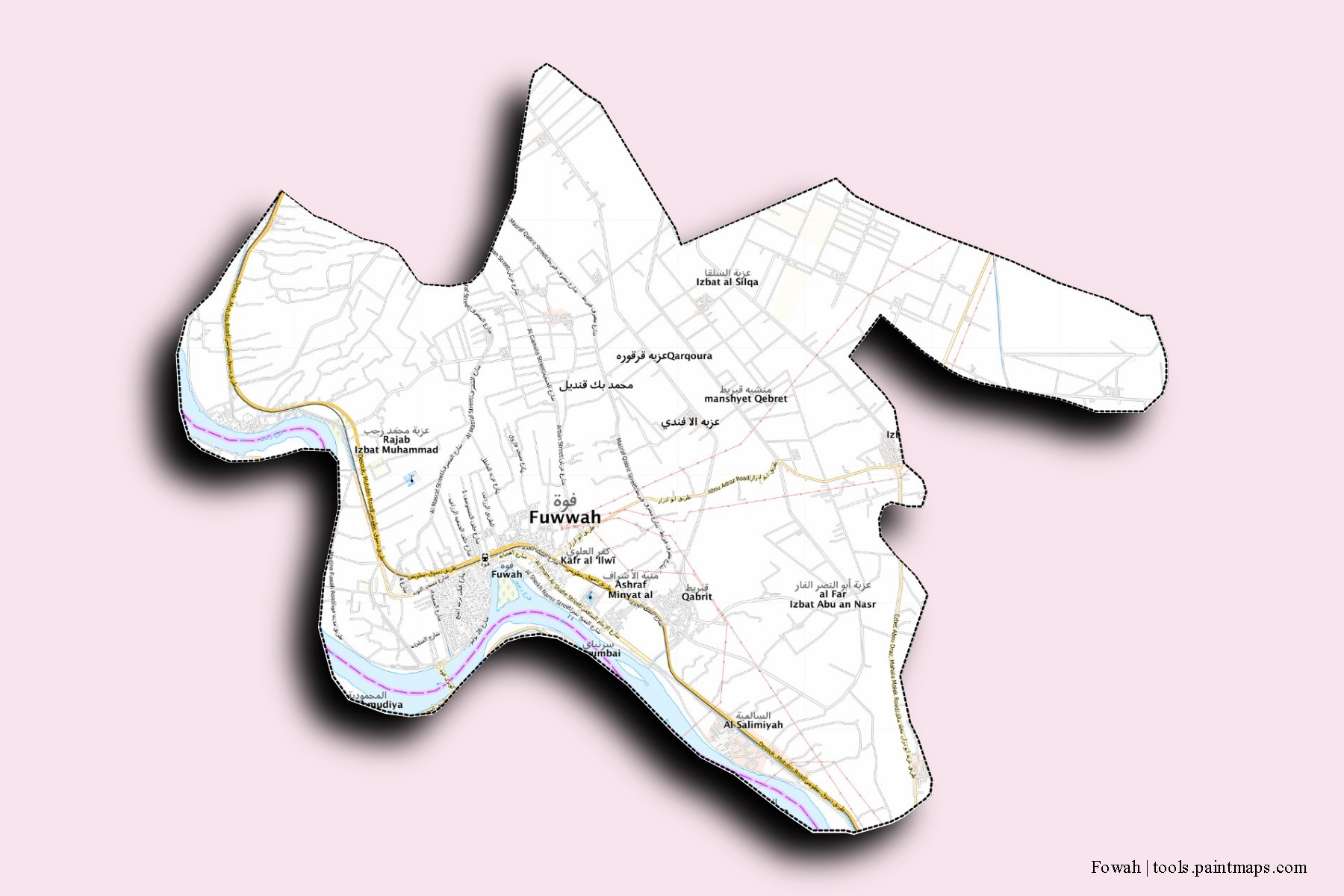 Mapa de barrios y pueblos de Fowah con efecto de sombra 3D