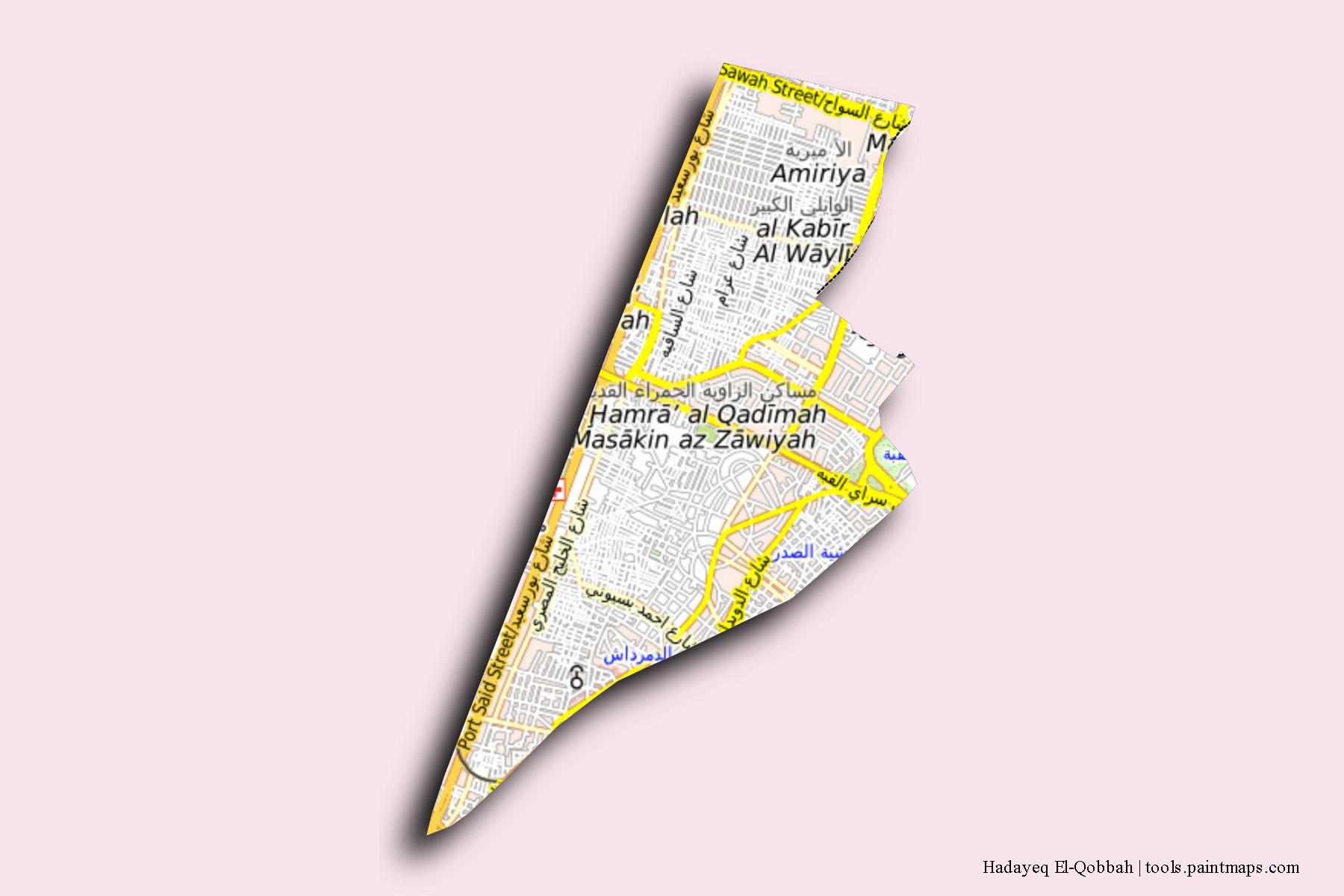 Mapa de barrios y pueblos de Hadayeq El-Qobbah con efecto de sombra 3D