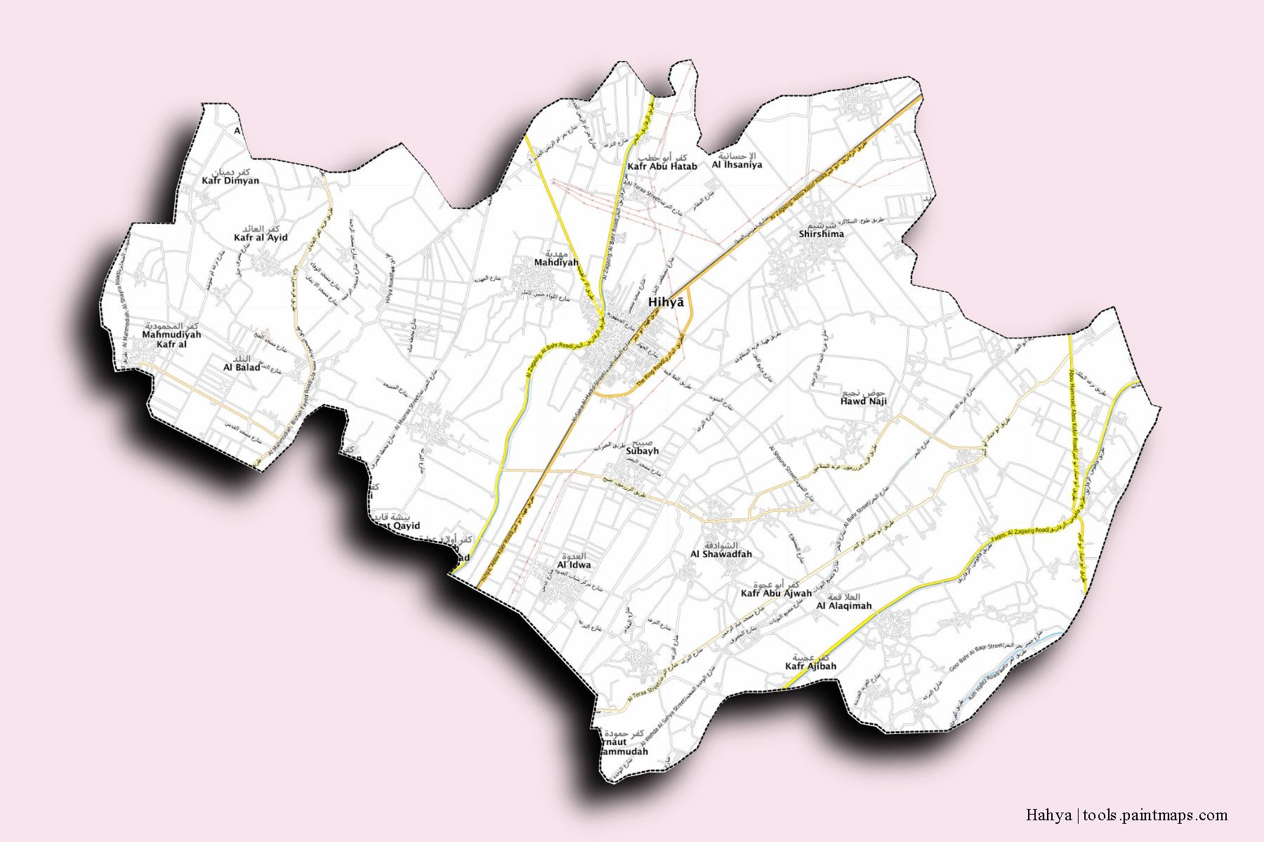 Mapa de barrios y pueblos de Hahya con efecto de sombra 3D