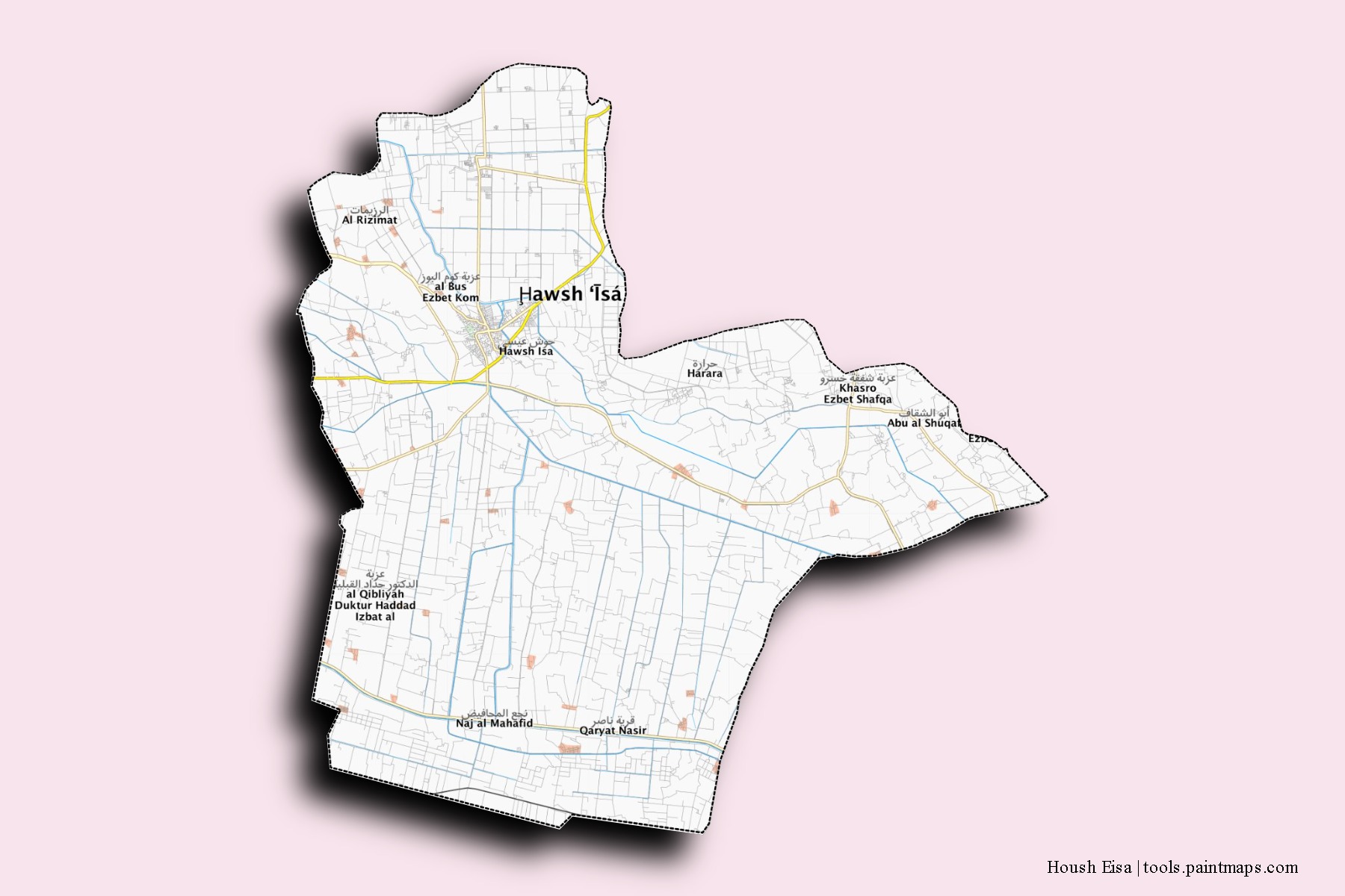 Mapa de barrios y pueblos de Housh Eisa con efecto de sombra 3D