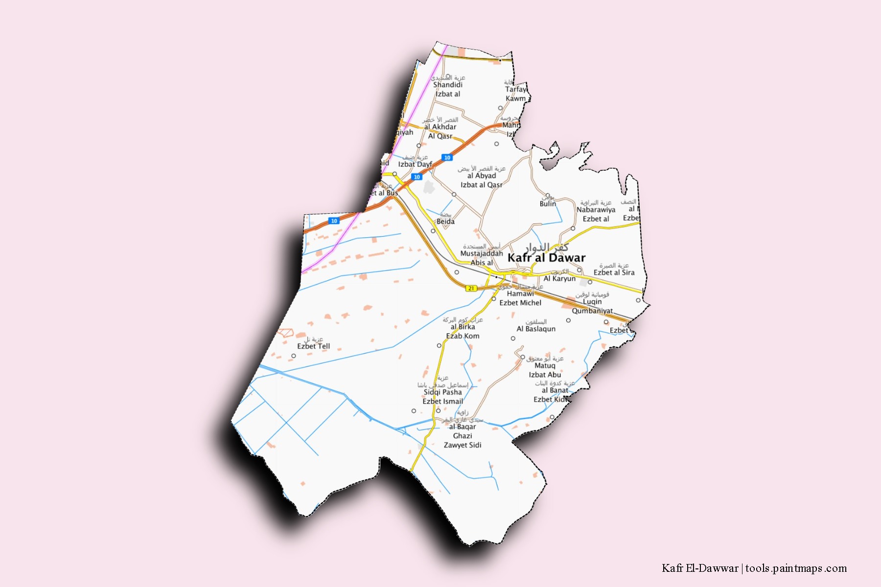 Mapa de barrios y pueblos de Kafr El-Dawwar con efecto de sombra 3D