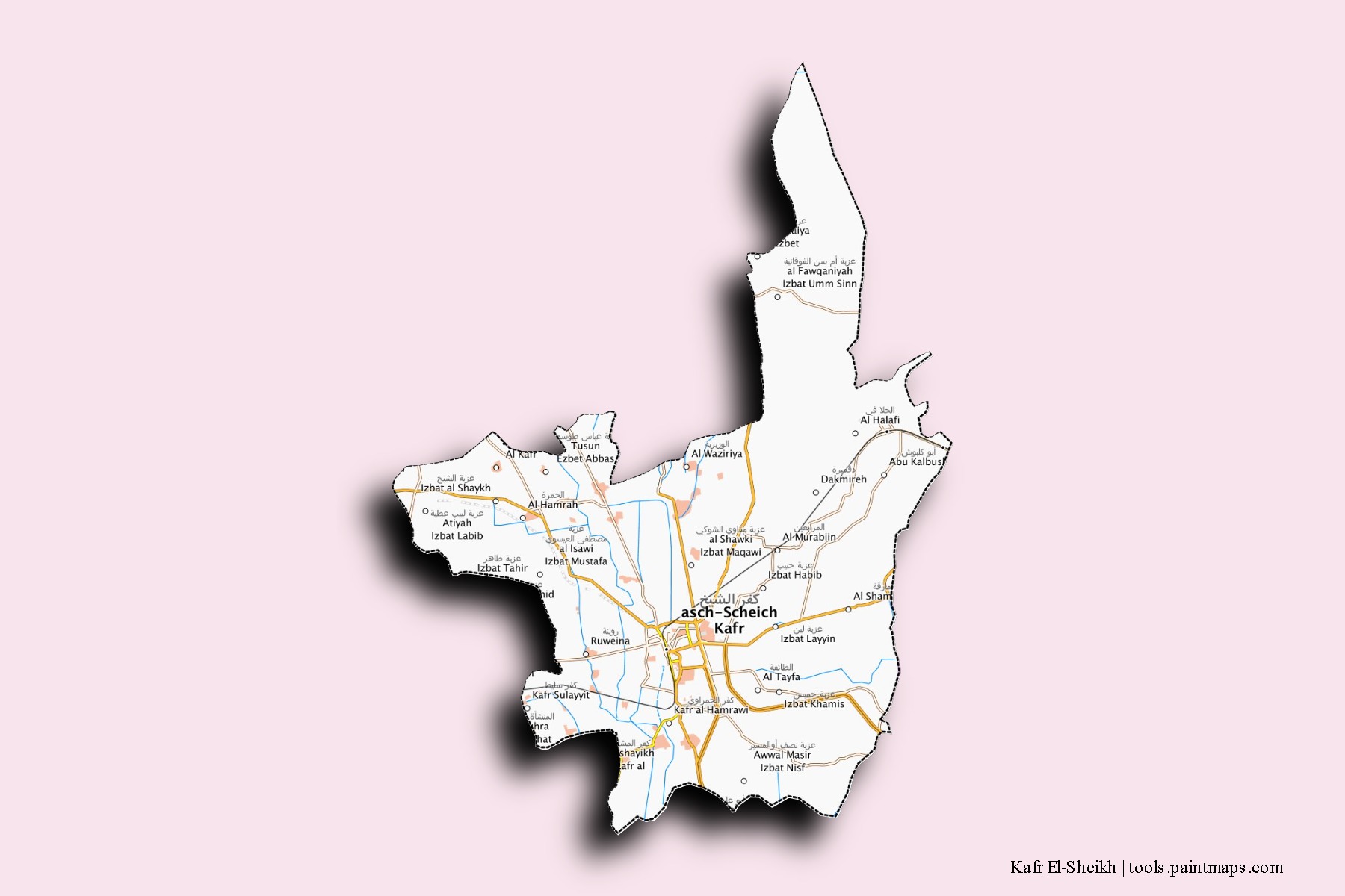 Mapa de barrios y pueblos de Kafr El-Sheikh con efecto de sombra 3D