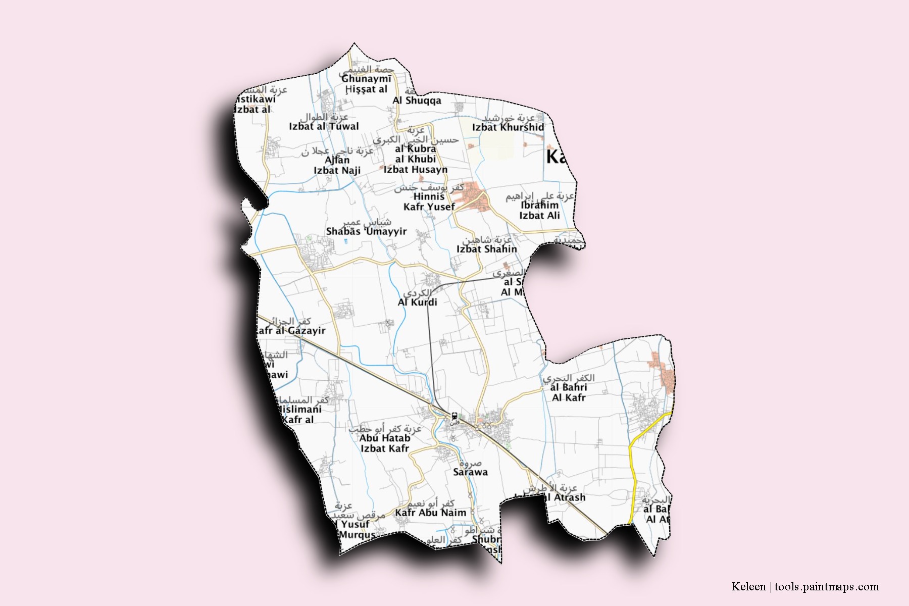 Mapa de barrios y pueblos de Keleen con efecto de sombra 3D