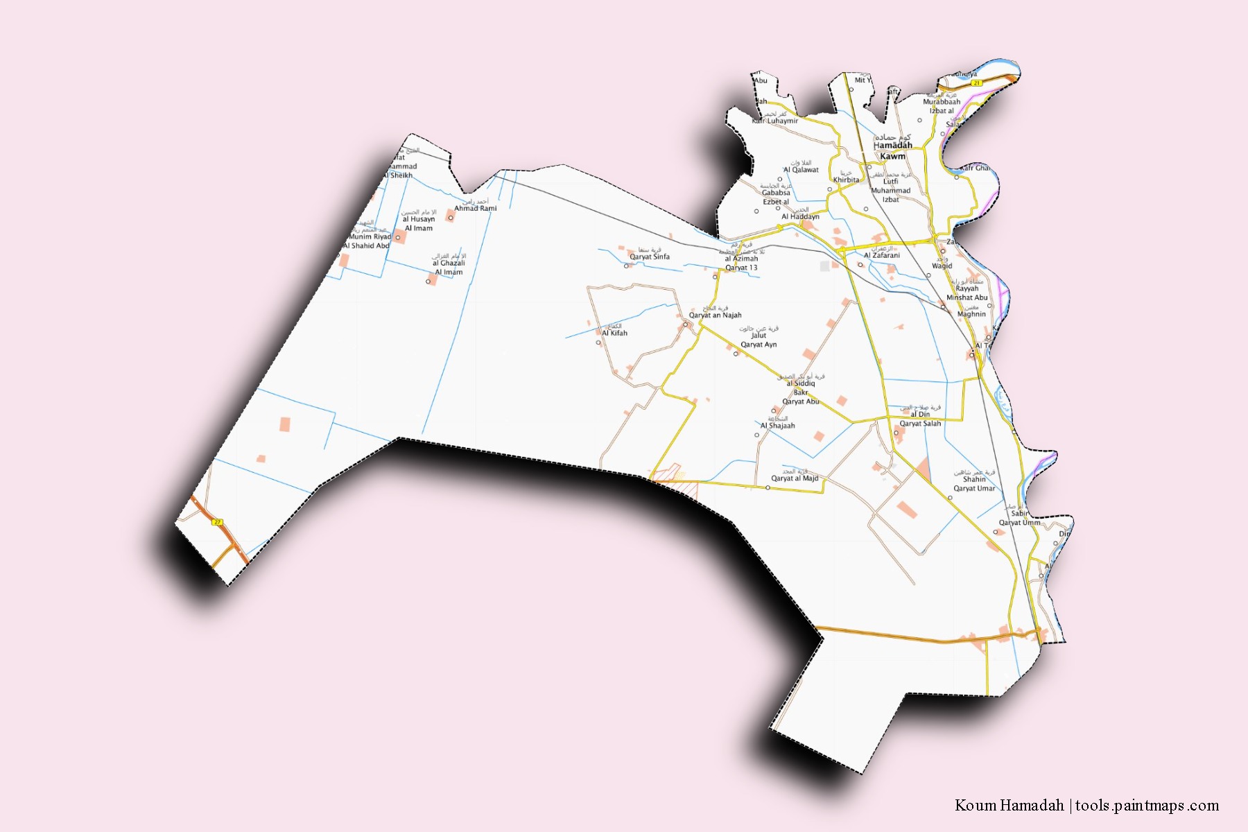 Mapa de barrios y pueblos de Koum Hamadah con efecto de sombra 3D