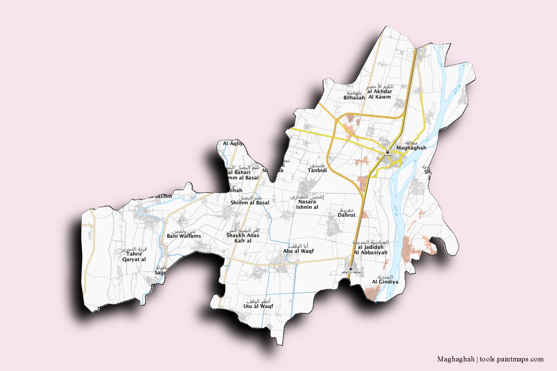 Mapa de barrios y pueblos de Maghaghah con efecto de sombra 3D