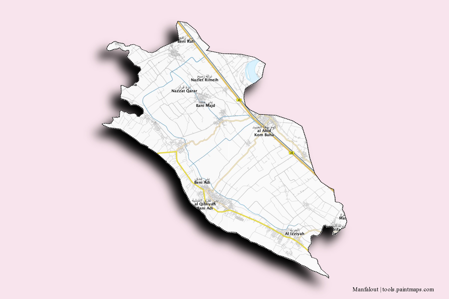 Manfalout neighborhoods and villages map with 3D shadow effect