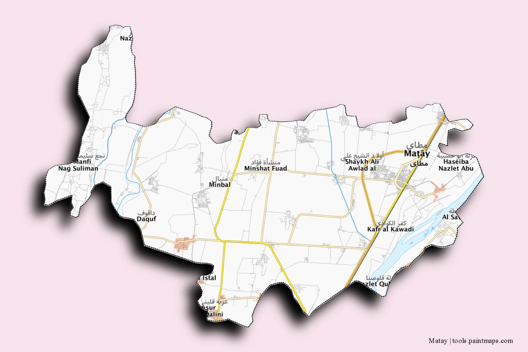 Mapa de barrios y pueblos de Matay con efecto de sombra 3D