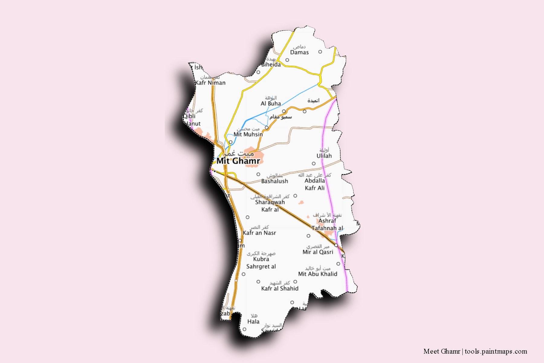 Mapa de barrios y pueblos de Meet Ghamr con efecto de sombra 3D