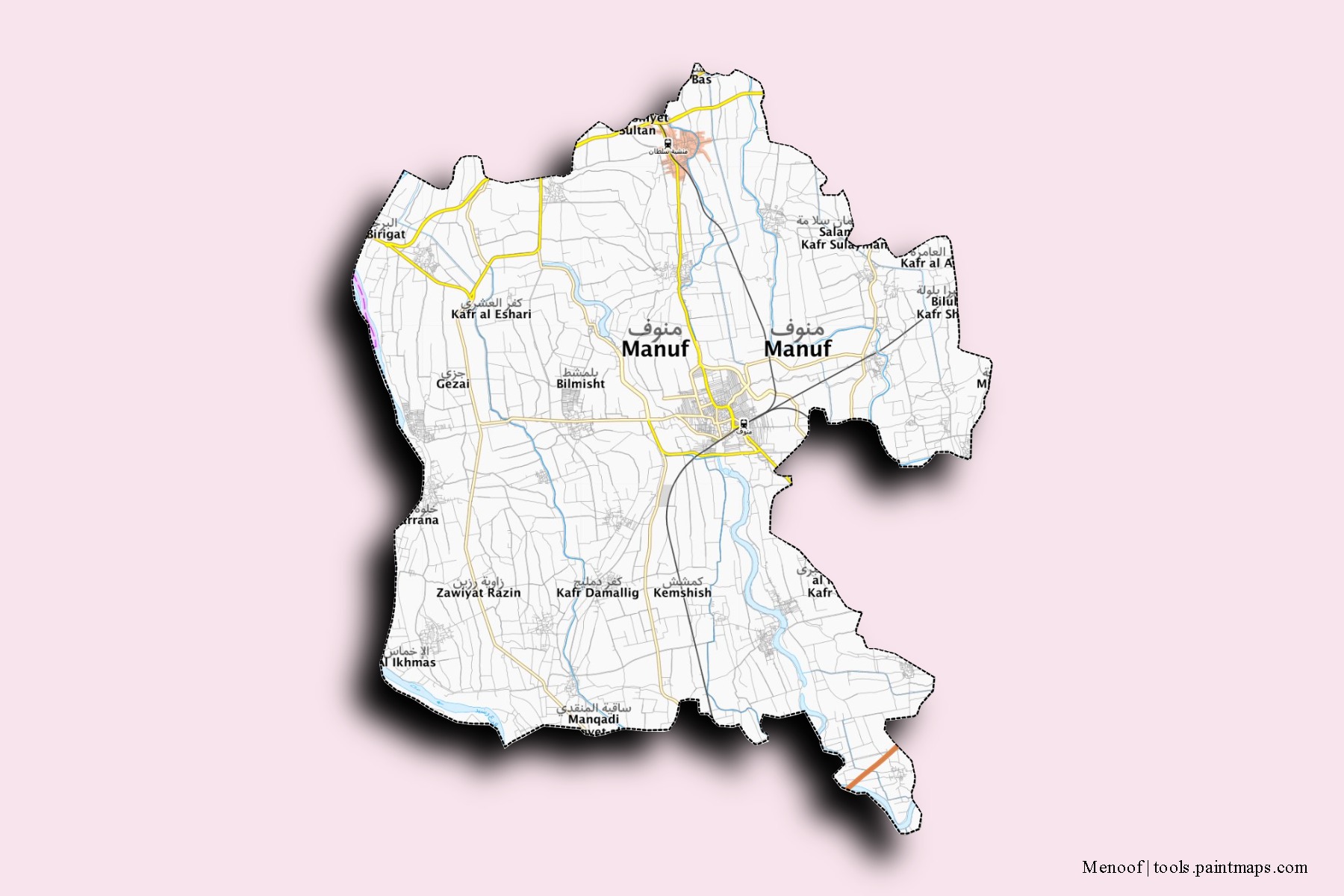 Mapa de barrios y pueblos de Menoof con efecto de sombra 3D