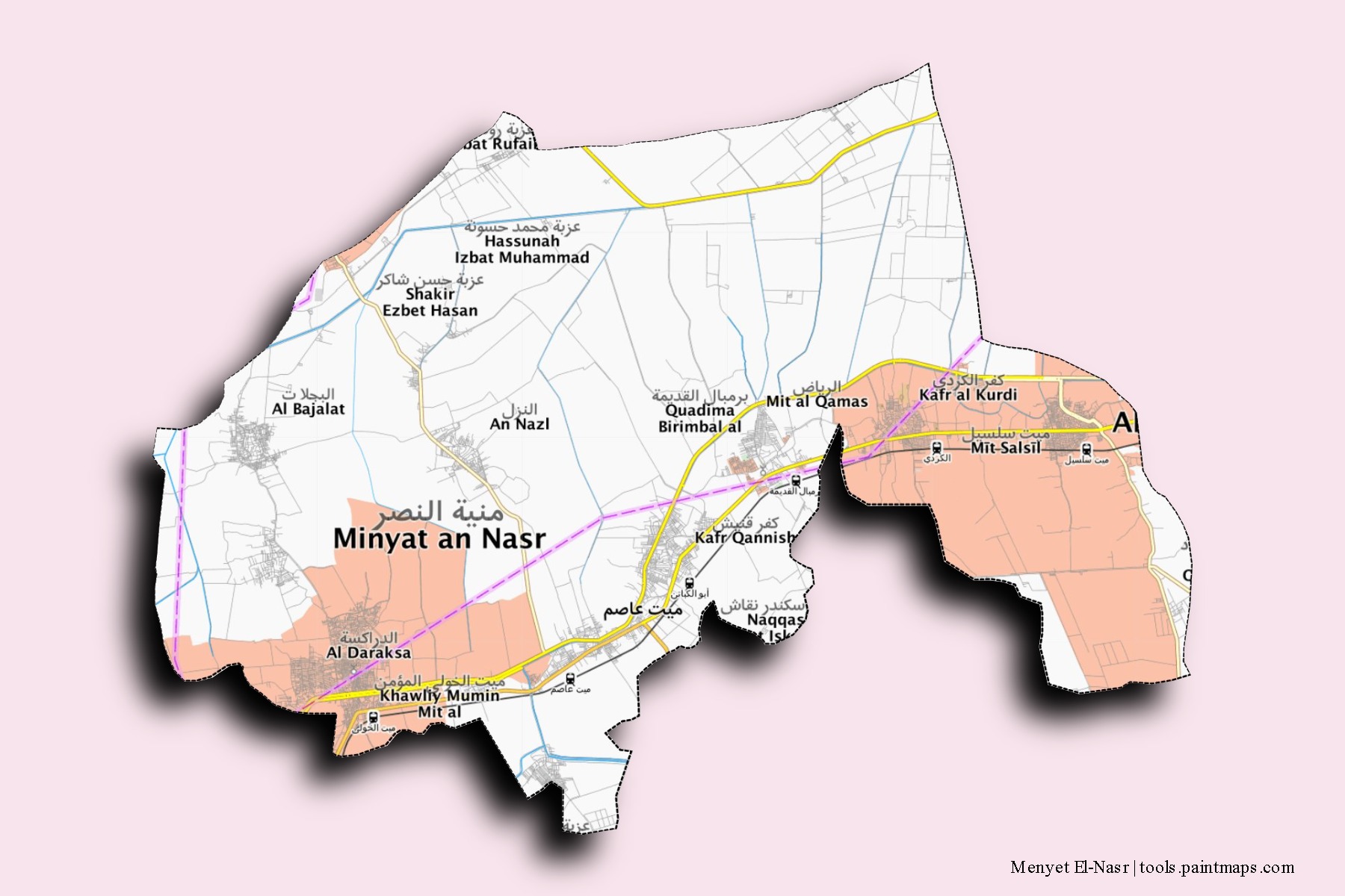 Mapa de barrios y pueblos de Menyet El-Nasr con efecto de sombra 3D