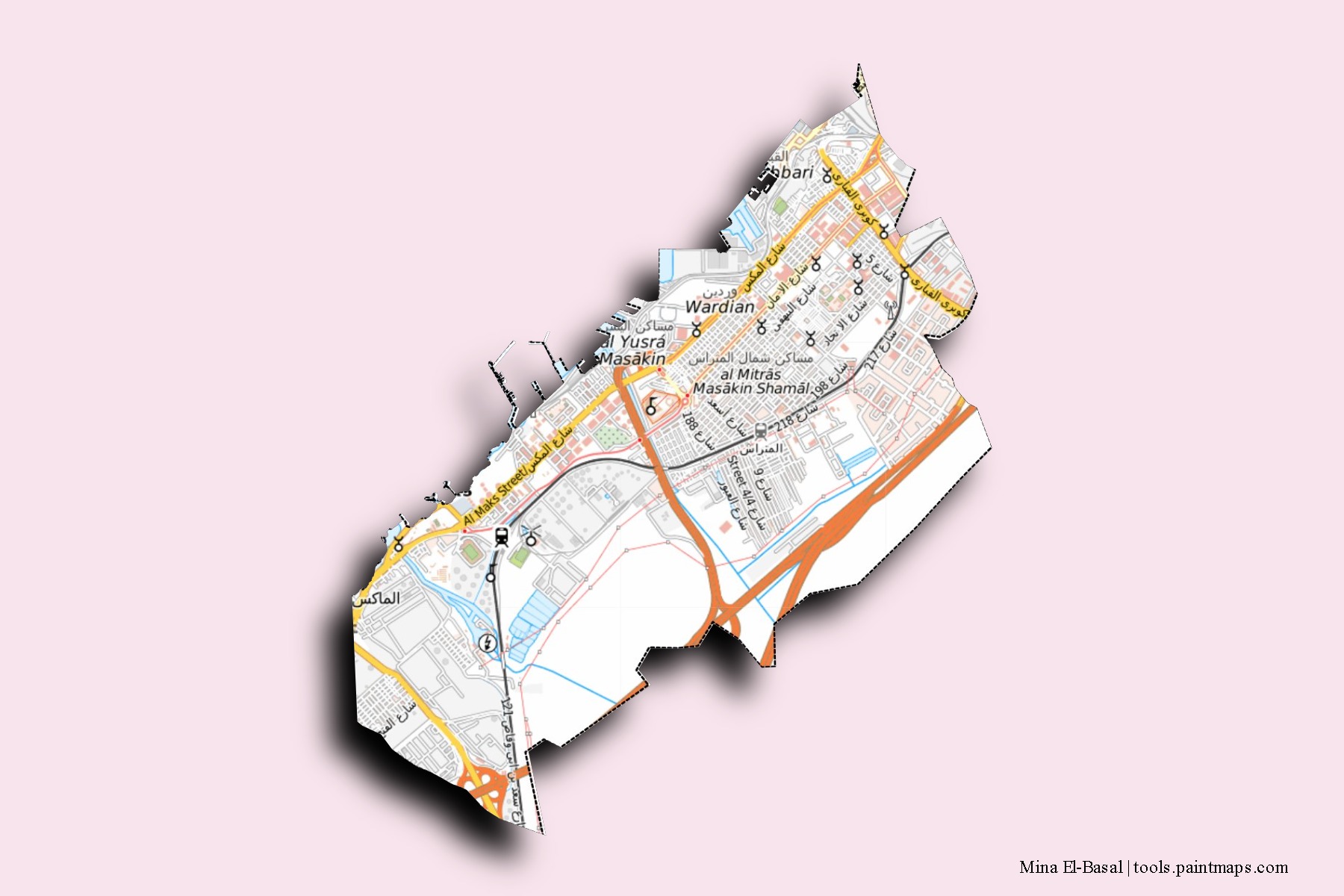 Mina El-Basal neighborhoods and villages map with 3D shadow effect