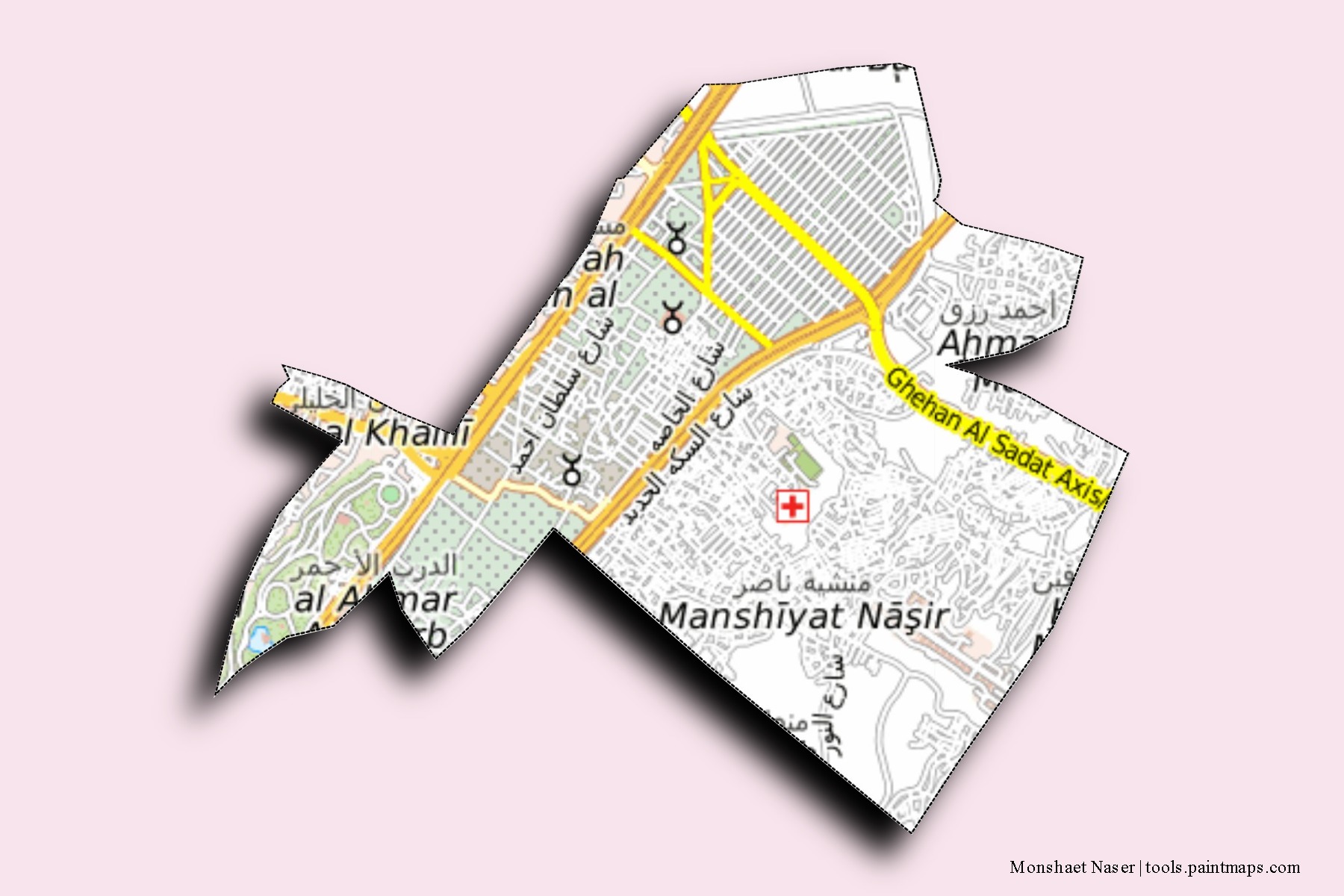 Mapa de barrios y pueblos de Monshaet Naser con efecto de sombra 3D