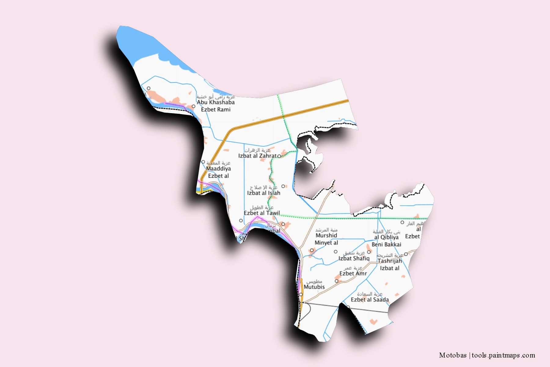 Mapa de barrios y pueblos de Motobas con efecto de sombra 3D