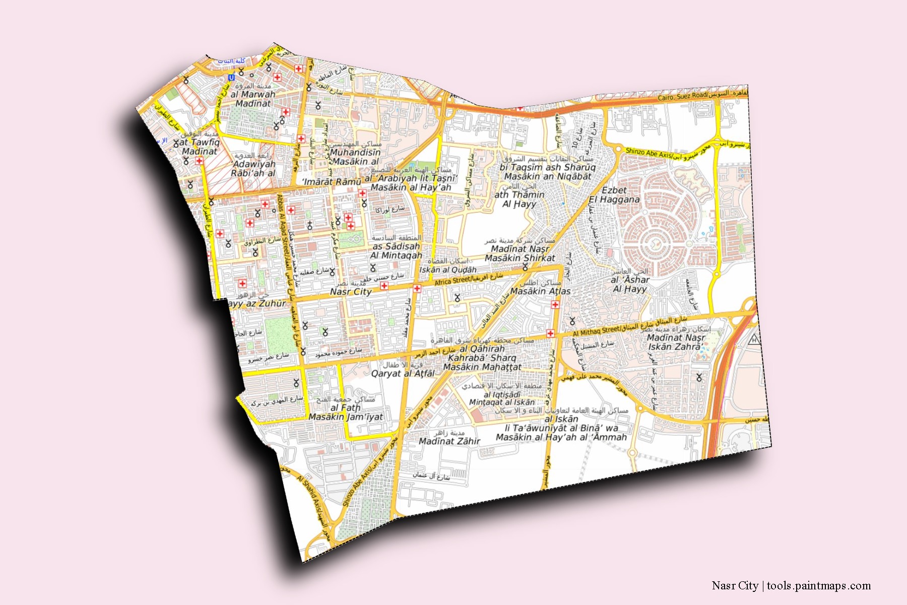 Mapa de barrios y pueblos de Nasr City con efecto de sombra 3D