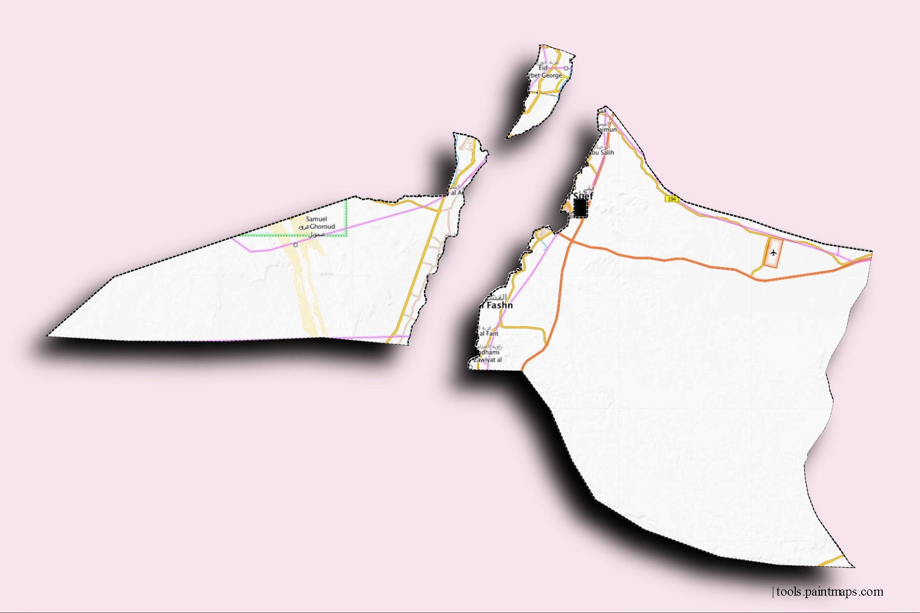 Mapa de barrios y pueblos de  con efecto de sombra 3D