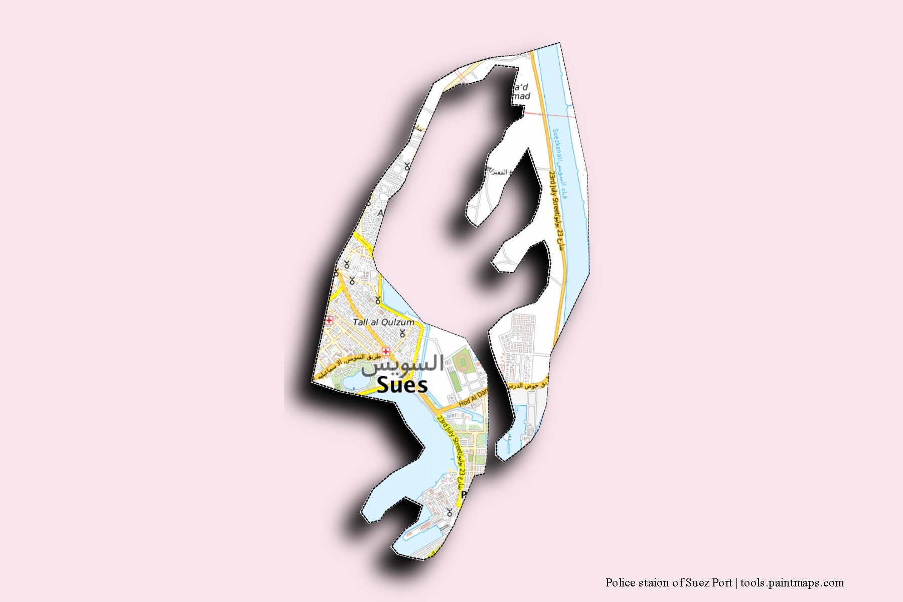Mapa de barrios y pueblos de Police staion of Suez Port con efecto de sombra 3D