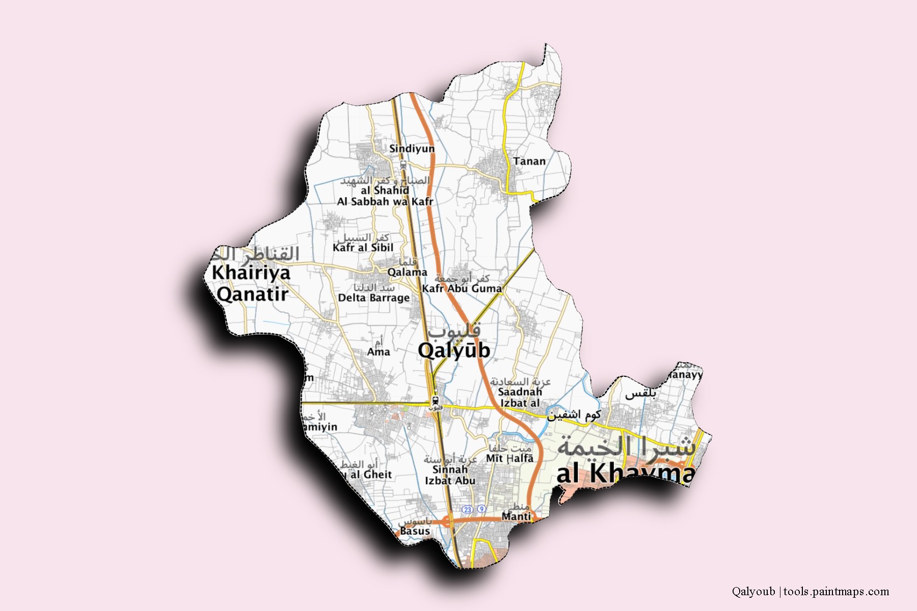 Mapa de barrios y pueblos de Qalyoub con efecto de sombra 3D