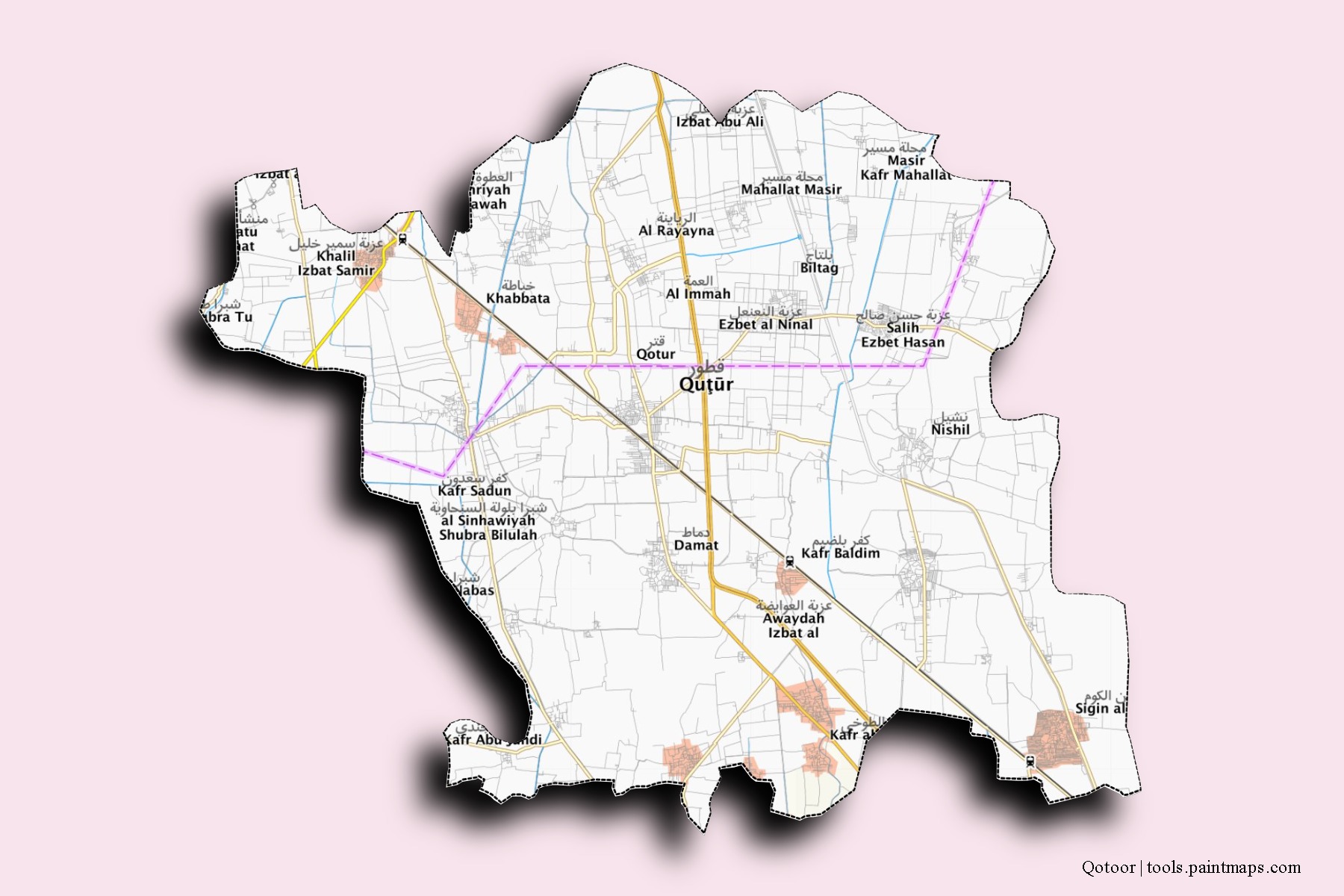 Mapa de barrios y pueblos de Qotoor con efecto de sombra 3D