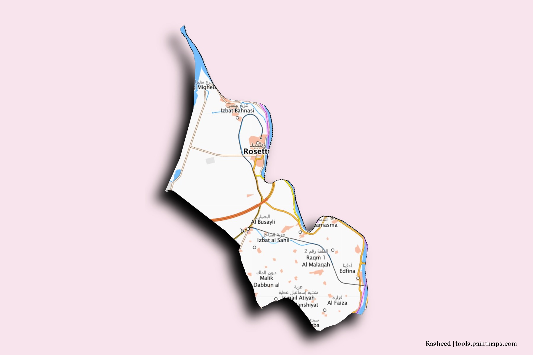 Rasheed neighborhoods and villages map with 3D shadow effect