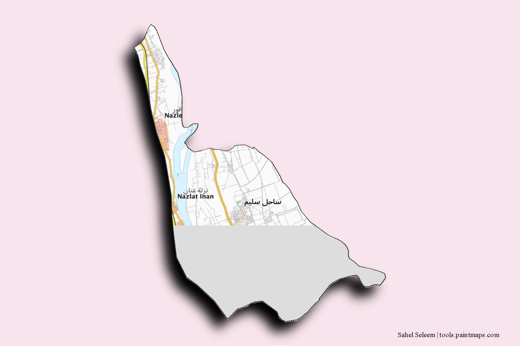 Mapa de barrios y pueblos de Sahel Seleem con efecto de sombra 3D