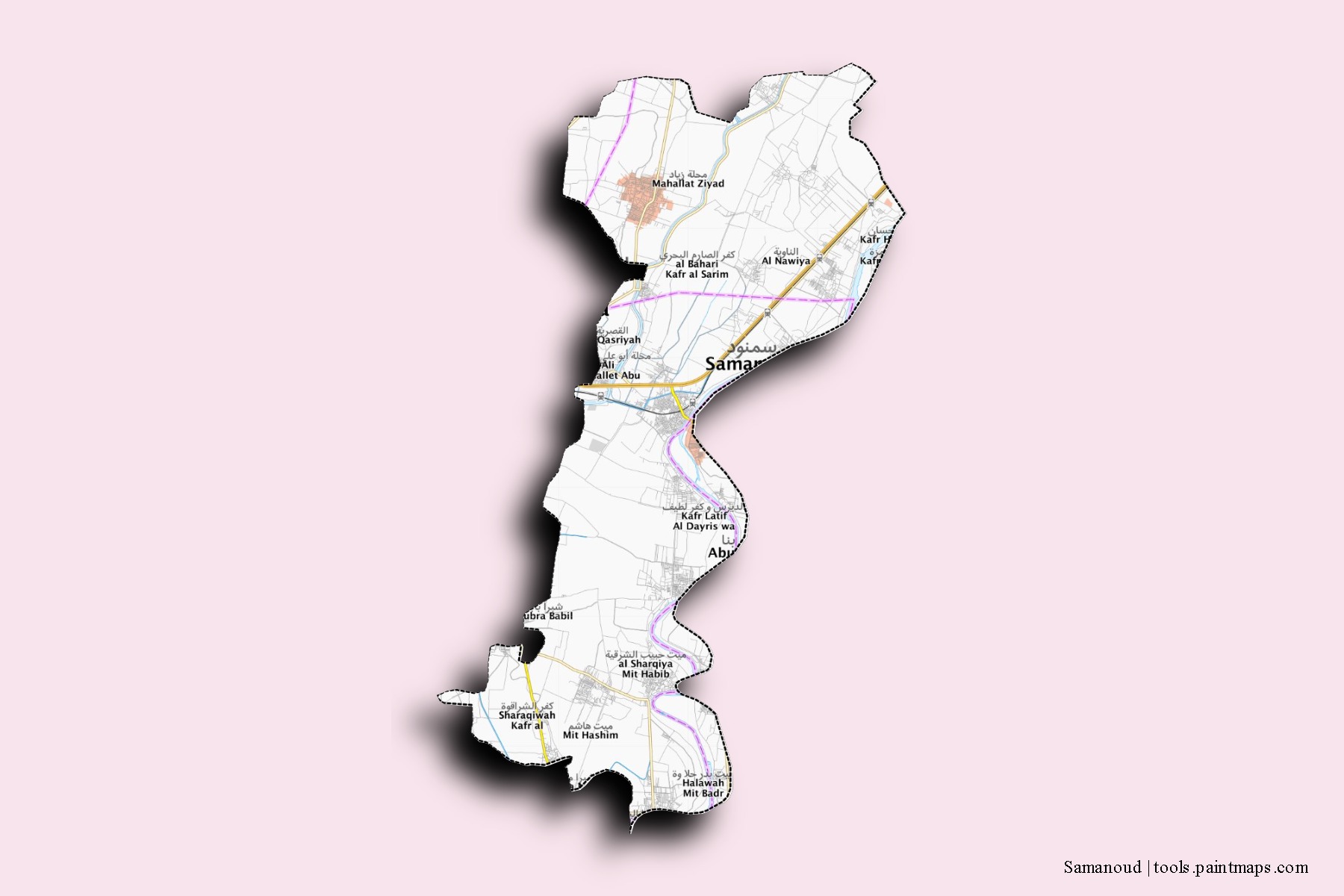 Mapa de barrios y pueblos de Samanoud con efecto de sombra 3D