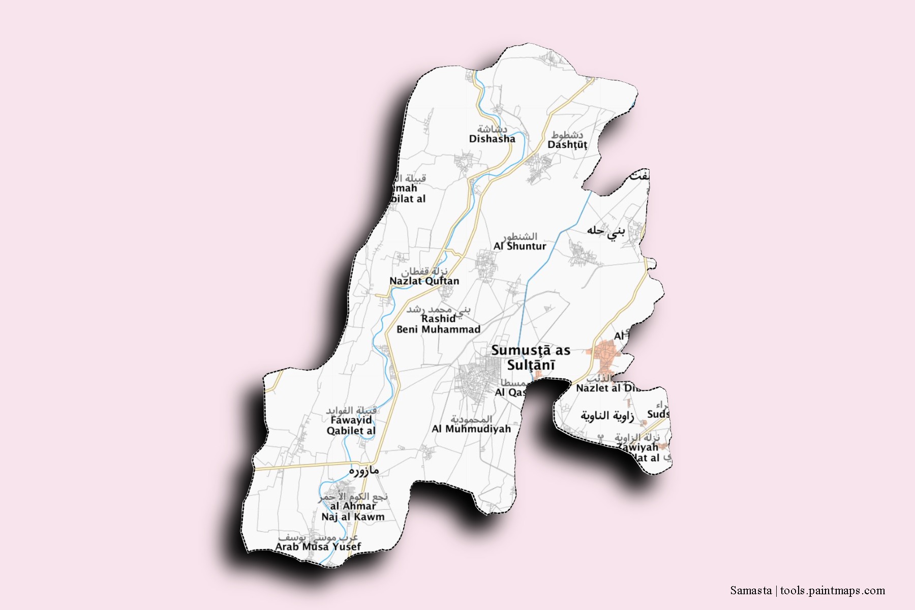 Mapa de barrios y pueblos de Samasta con efecto de sombra 3D