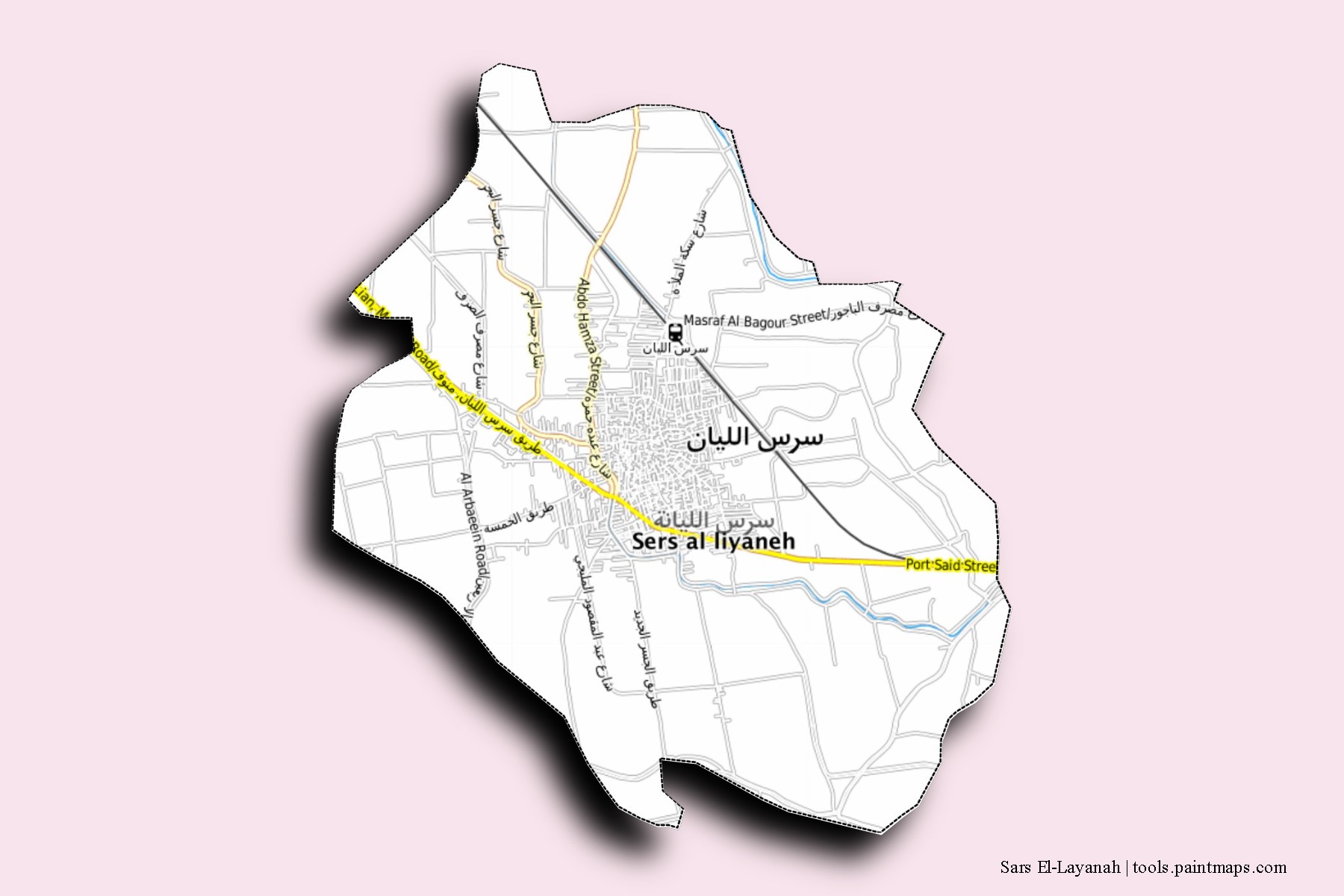 Mapa de barrios y pueblos de Sars El-Layanah con efecto de sombra 3D