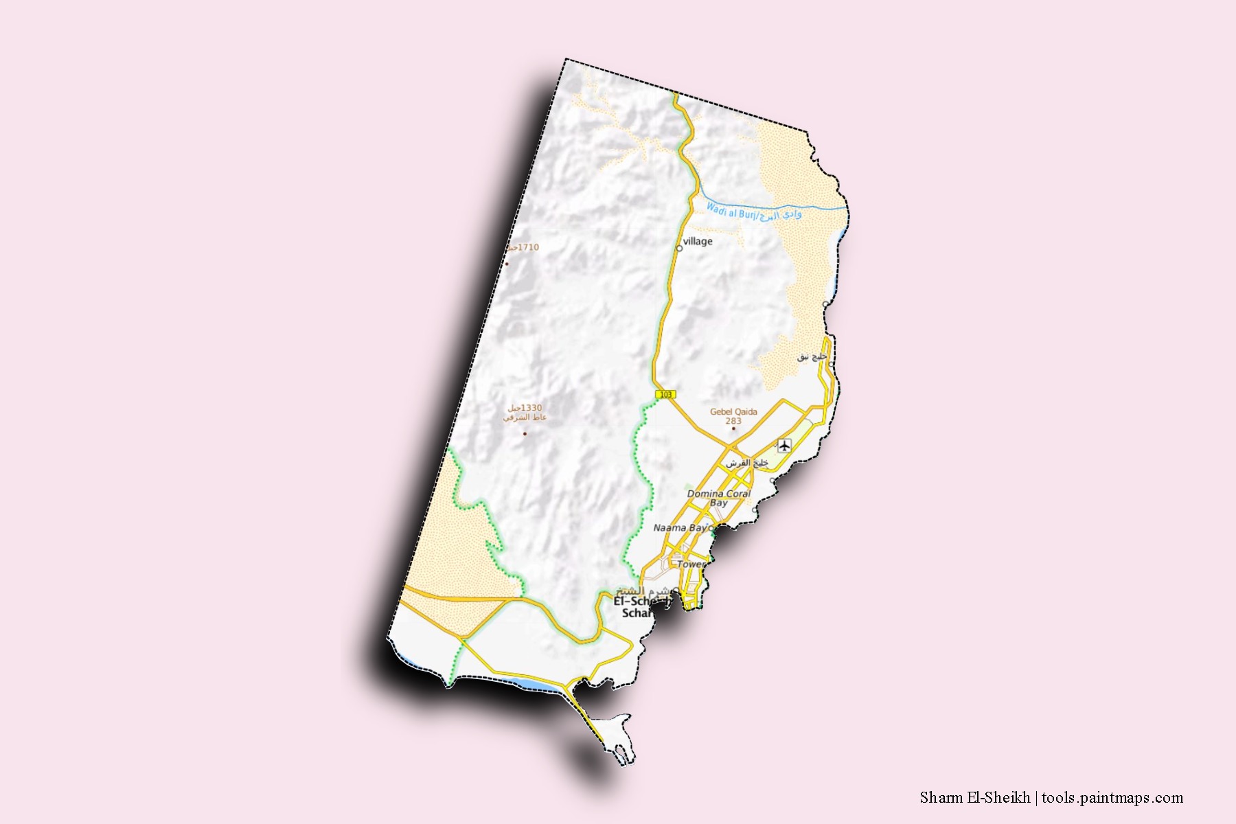 Mapa de barrios y pueblos de Sharm El-Sheikh con efecto de sombra 3D