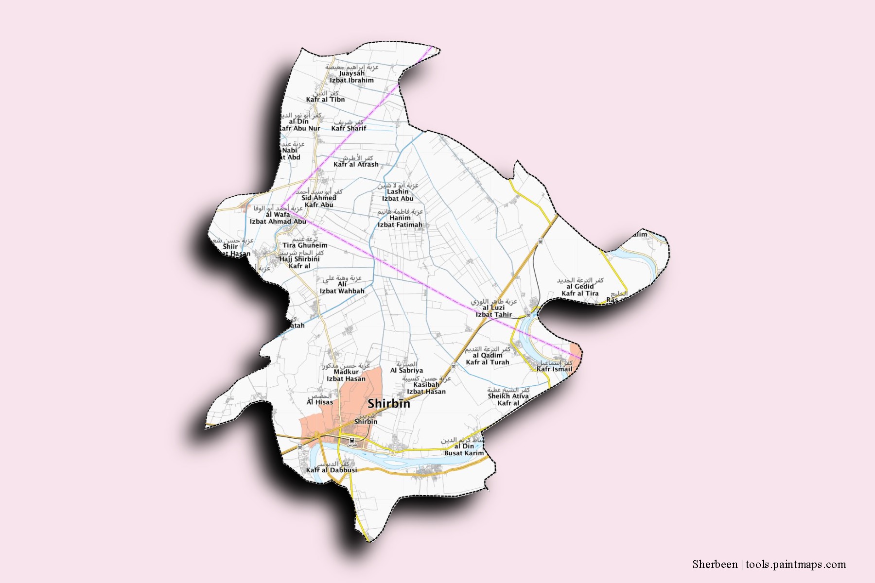 Mapa de barrios y pueblos de Sherbeen con efecto de sombra 3D