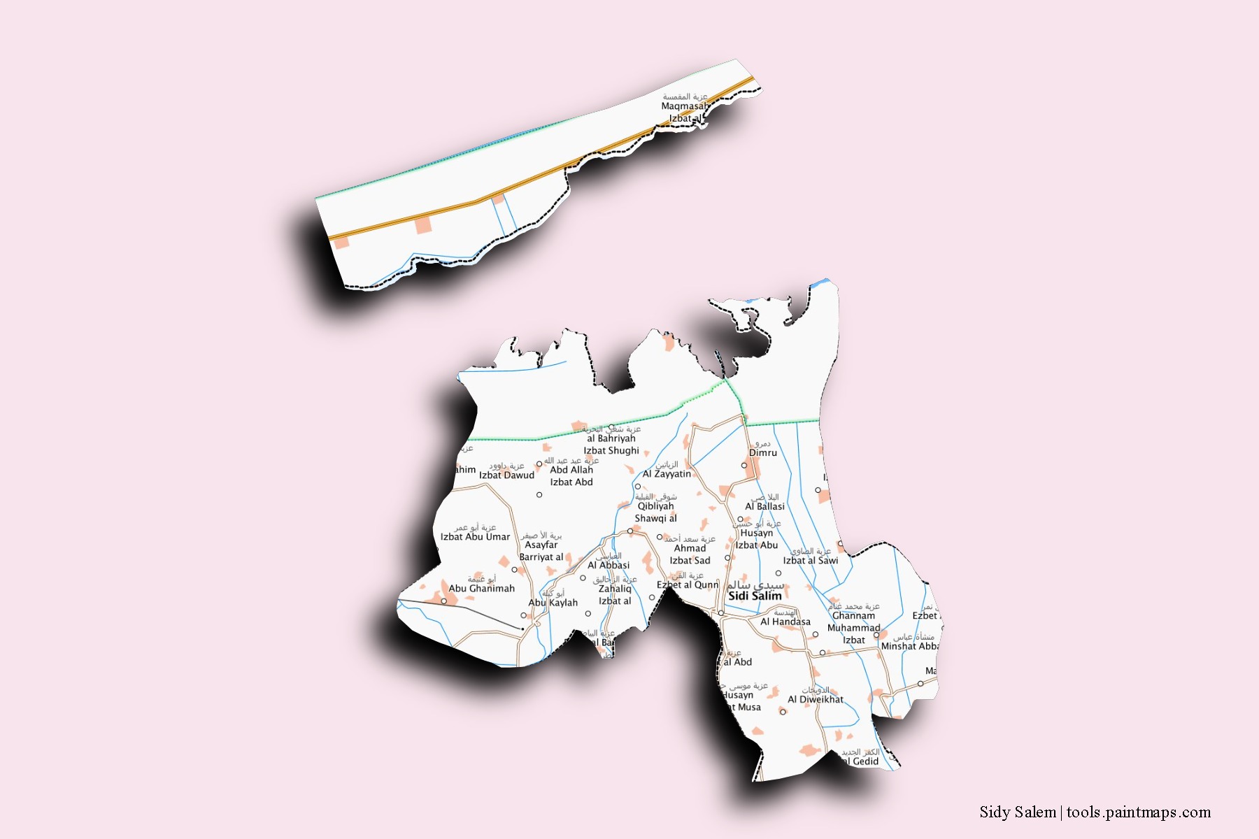Mapa de barrios y pueblos de Sidy Salem con efecto de sombra 3D