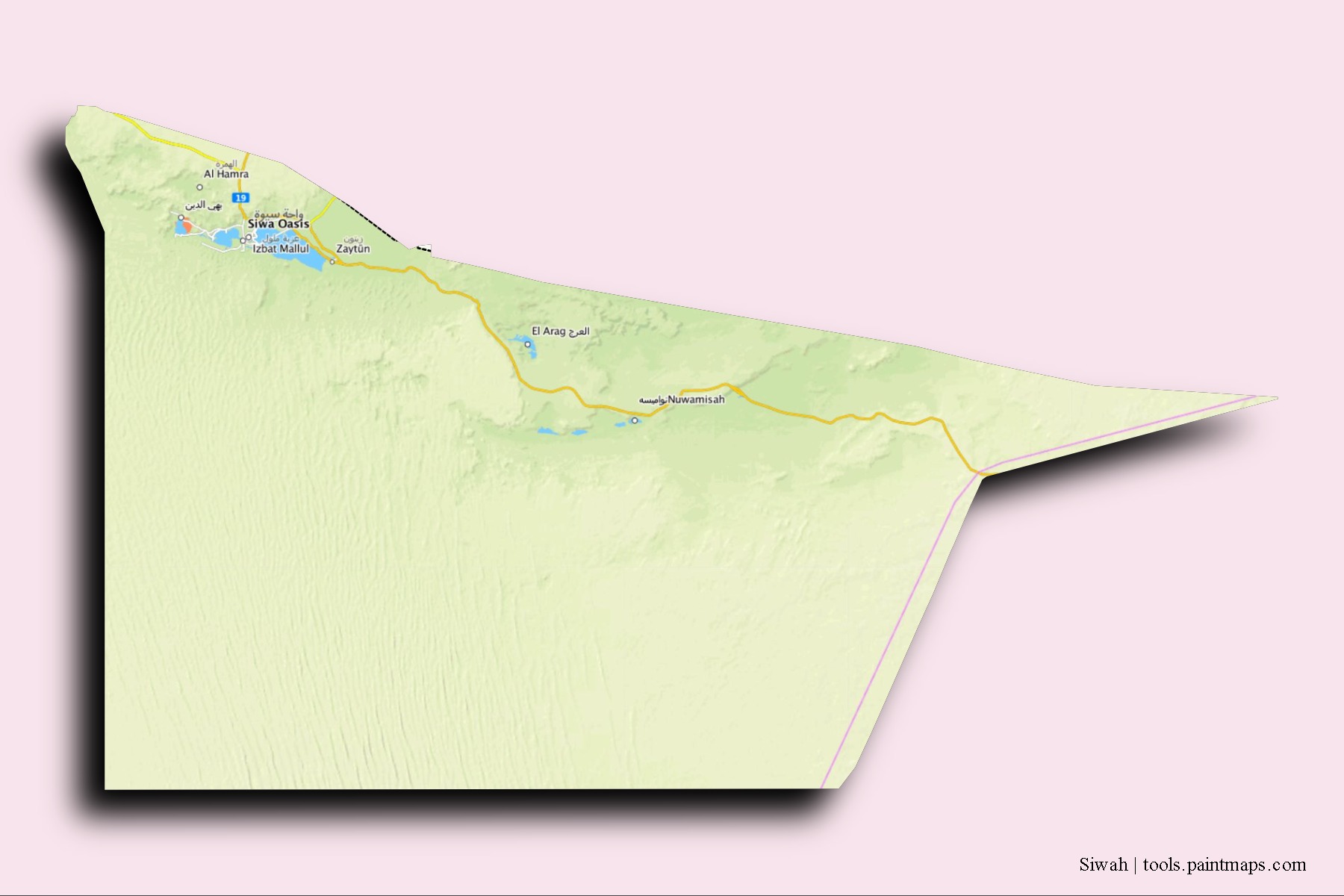 Mapa de barrios y pueblos de Siwah con efecto de sombra 3D