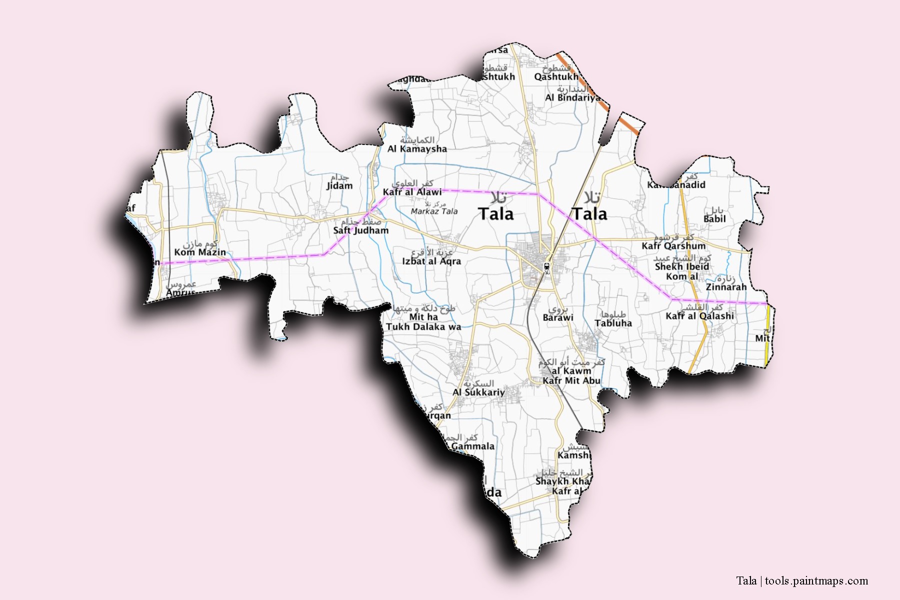 Mapa de barrios y pueblos de Tala con efecto de sombra 3D