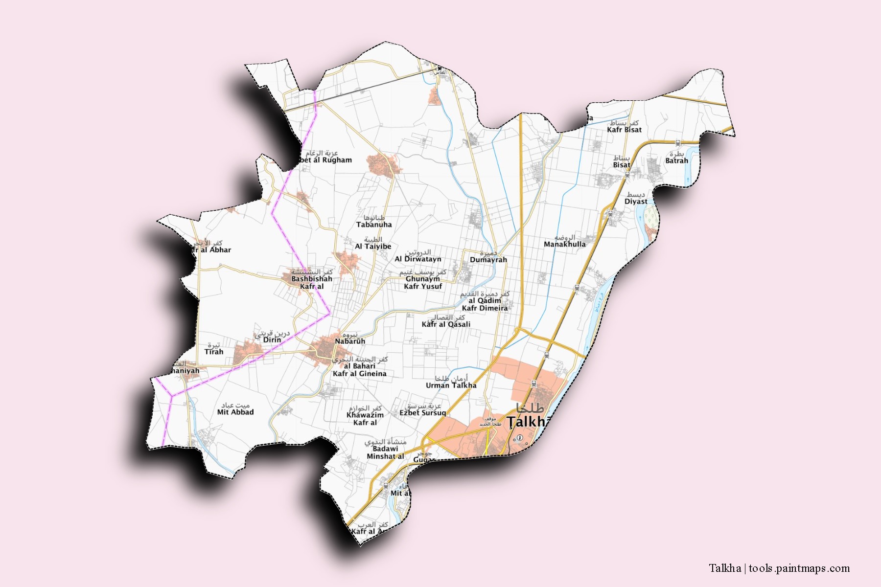 Mapa de barrios y pueblos de Talkha con efecto de sombra 3D